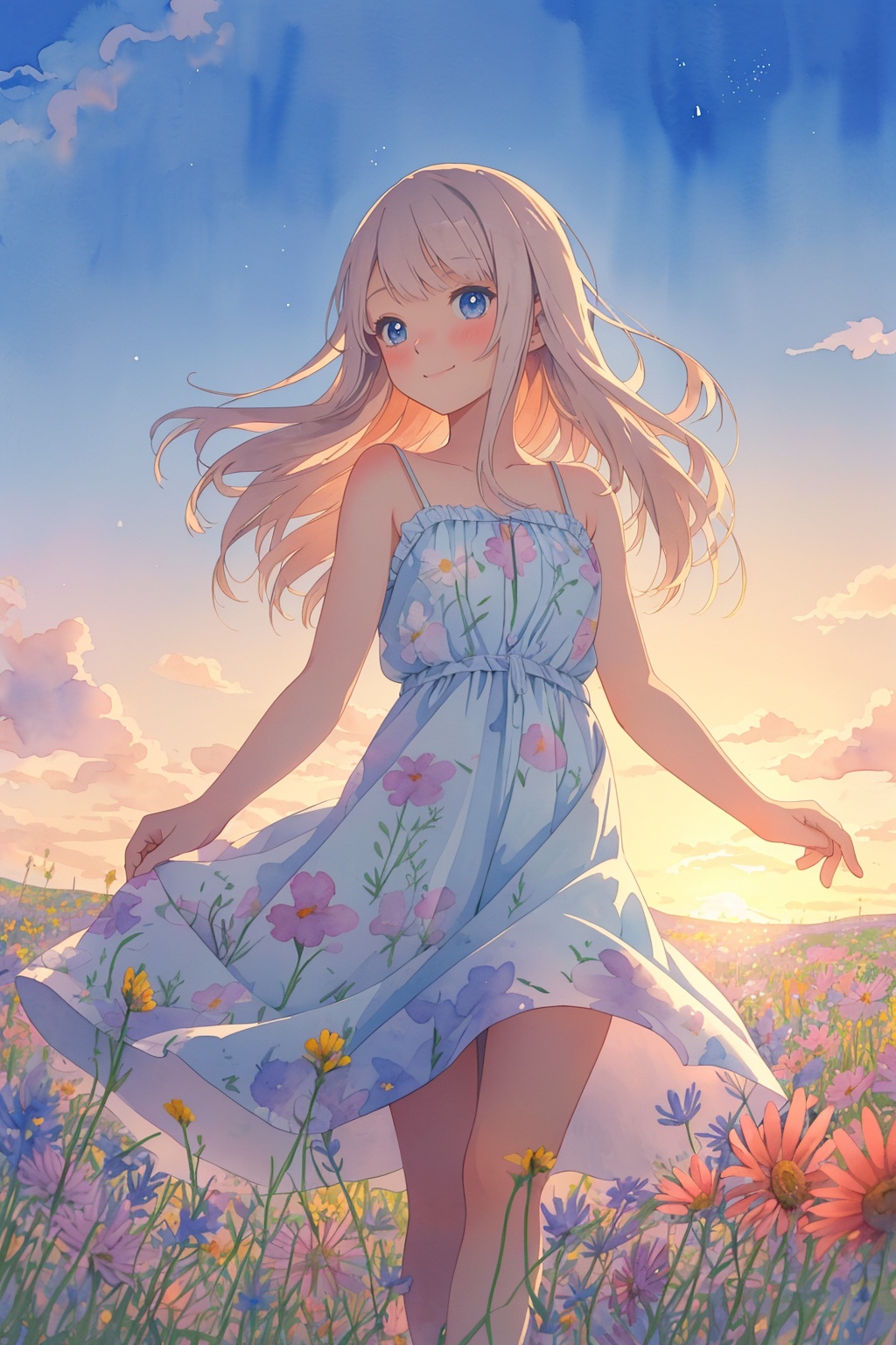 Watercolor illustration of a dreamy girl in a sundress,  walking in a field of wildflowers at sunsetAnime-style portrait o...