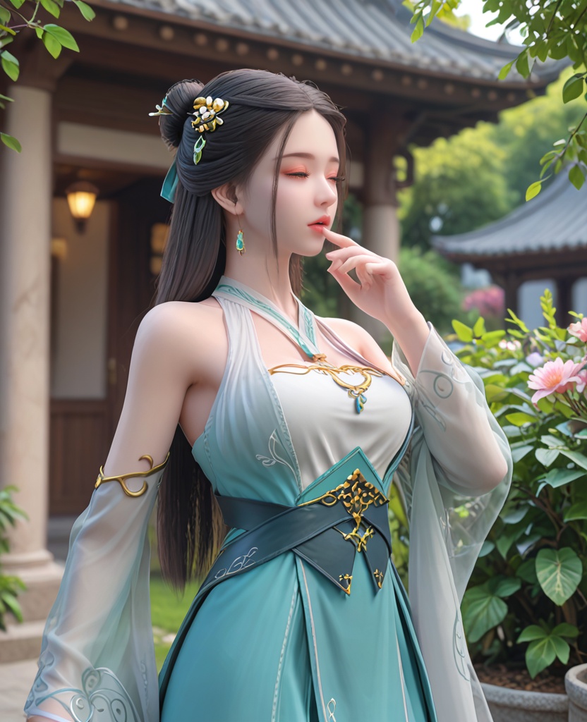 (oriental architecture, elegant decor, sophisticated style:1.1),(Standing in a garden, smelling a flower, with closed eyes, enjoying the fragrance,:1.1),(breasts:1.2),<lora:XL雪鹰领主卓依:0.8>,miss zhuoyi,blue gradient white dress,white corset,black hair,long hair,detached sleeves,hair ornament,jewelry,hair bun,see-through sleeves,green eyes,black belt,red eyelashes,, score_9,score_8_up,score_7_up,score_6_up,score_5_up,score_4_up,3d rendering,tag1,tag2, Cinematic Lighting,backlighting,