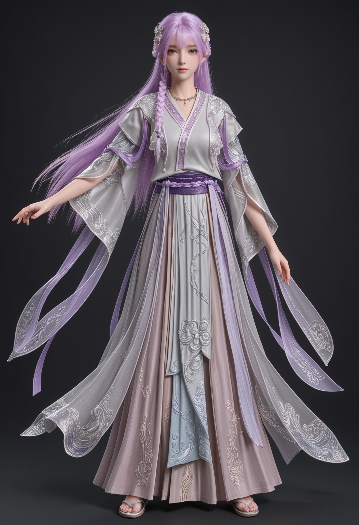 (standing full_body:1.1),score_9,score_8_up,masterpiece,(best quality),intricate details,facing viewer,(looking at viewer:1.1),<lora:YQ_pony_tianqiong_shaonv_V4:0.8>,q1528437228,1girl,solo,long hair,purple hair,jewelry,hair ornament,earrings,braid,necklace,dress,hair flower,blue eyes,pink hair,chinese clothes,green eyes,side braid,grey eyes,japanese clothes,wide sleeves,long sleeves,sash,robe,BREAKscore_9,score_8_up,masterpiece,(best quality),perfect anatomy,(hourglass),perfect face,(simple background,pure black background,black background:1.1),fair_skin,shiny_skin,Ivory_skin,