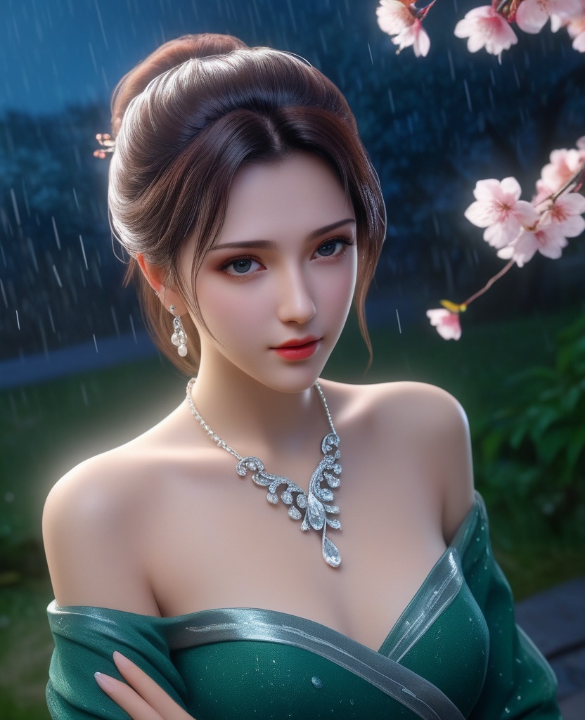 <lora:577-DA-XL-斗破苍穹-云韵-黑服:0.8>(,1girl, ,best quality, ),looking at viewer, ,ultra detailed 8k cg, ultra detailed background,  ultra realistic 8k cg,          cinematic lighting, cinematic bloom, (( , )),,  , unreal, science fiction,  luxury, jewelry, diamond, pearl, gem, sapphire, ruby, emerald, intricate detail, delicate pattern, charming, alluring, seductive, erotic, enchanting, hair ornament, necklace, earrings, bracelet, armlet,halo,masterpiece, (( , )),,  ,cherry blossoms,(((, night,night sky,,  ultra high res, (photorealistic:1.4), raw photo, 1girl, , rain, sweat, ,wet, )))(( , ))   (cleavage), (),