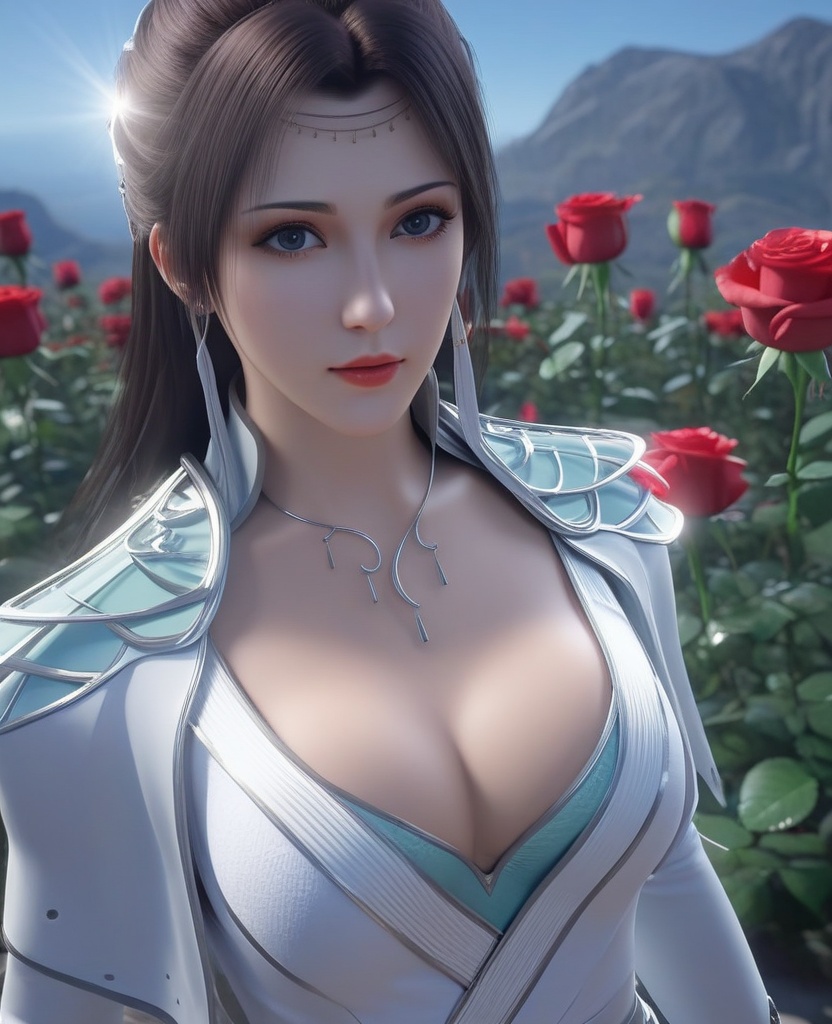 <lora:576-DA-XL-斗破苍穹-云韵-白服:0.8>(,1girl, ,best quality, ),looking at viewer,masterpiece, (( , )),, realistic,science fiction,mole, ultra realistic 8k cg, sun ,  rose,(cleavage), (),