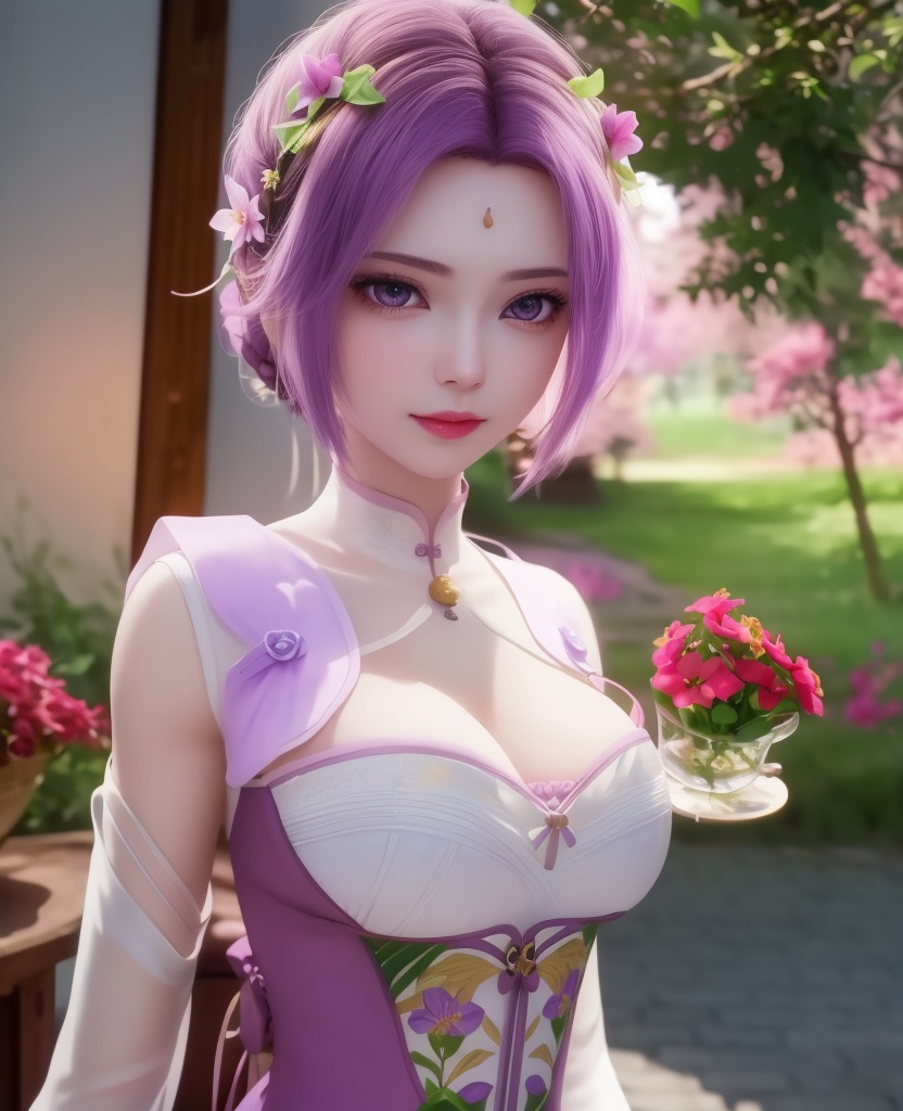 <lora:614-DA-炼气十万年-朴灵儿:0.8>(,1girl, ,best quality, ),looking at viewer,  ,ultra detailed 8k cg,ultra detailed background,ultra realistic 8k cg,1girl, solo,(bare shoulders:0.85),(masterpiece, best quality),((oil painting style)),sexy young lady,(beautiful face and eyes),(upper body:1.5),(whole body:1.05),(single person:1.2),surrounded by flowers, (lily), roses, floret, vegetation, white, purple, purplish pink,Impressionism,colorful,(Breast size:1.3),(cleavage),