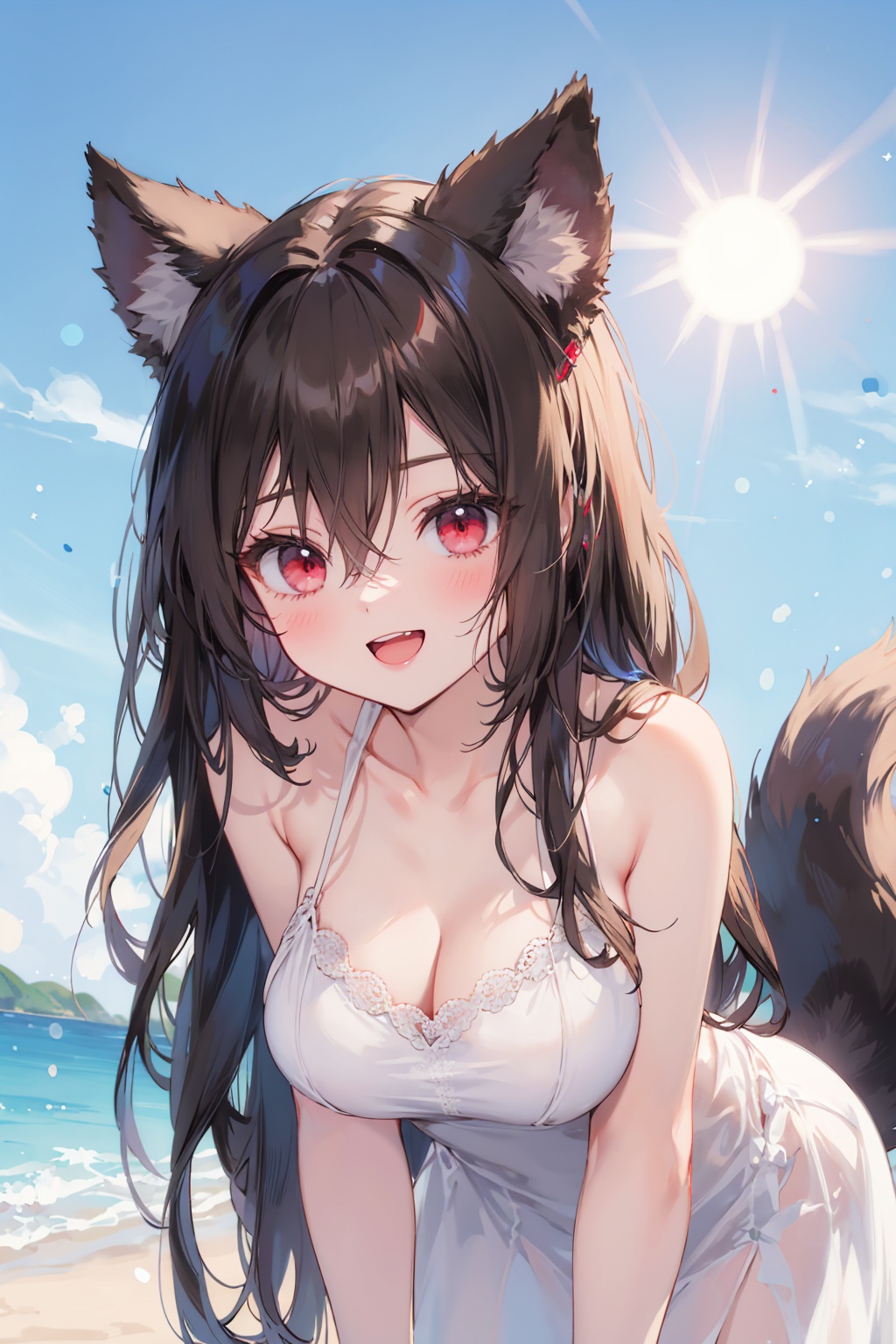 masterpiece,best quality,1girl,solo,looking at viewer,brown hair,hair between eyes,bangs,very long hair,red eyes,wolf ears,wolf tail,blush,open mouth,smile,:d,fang,large breasts,bare shoulders,(white sundress),upper body,leaning forward,outdoors,sun,sea,beach,day,blurry background