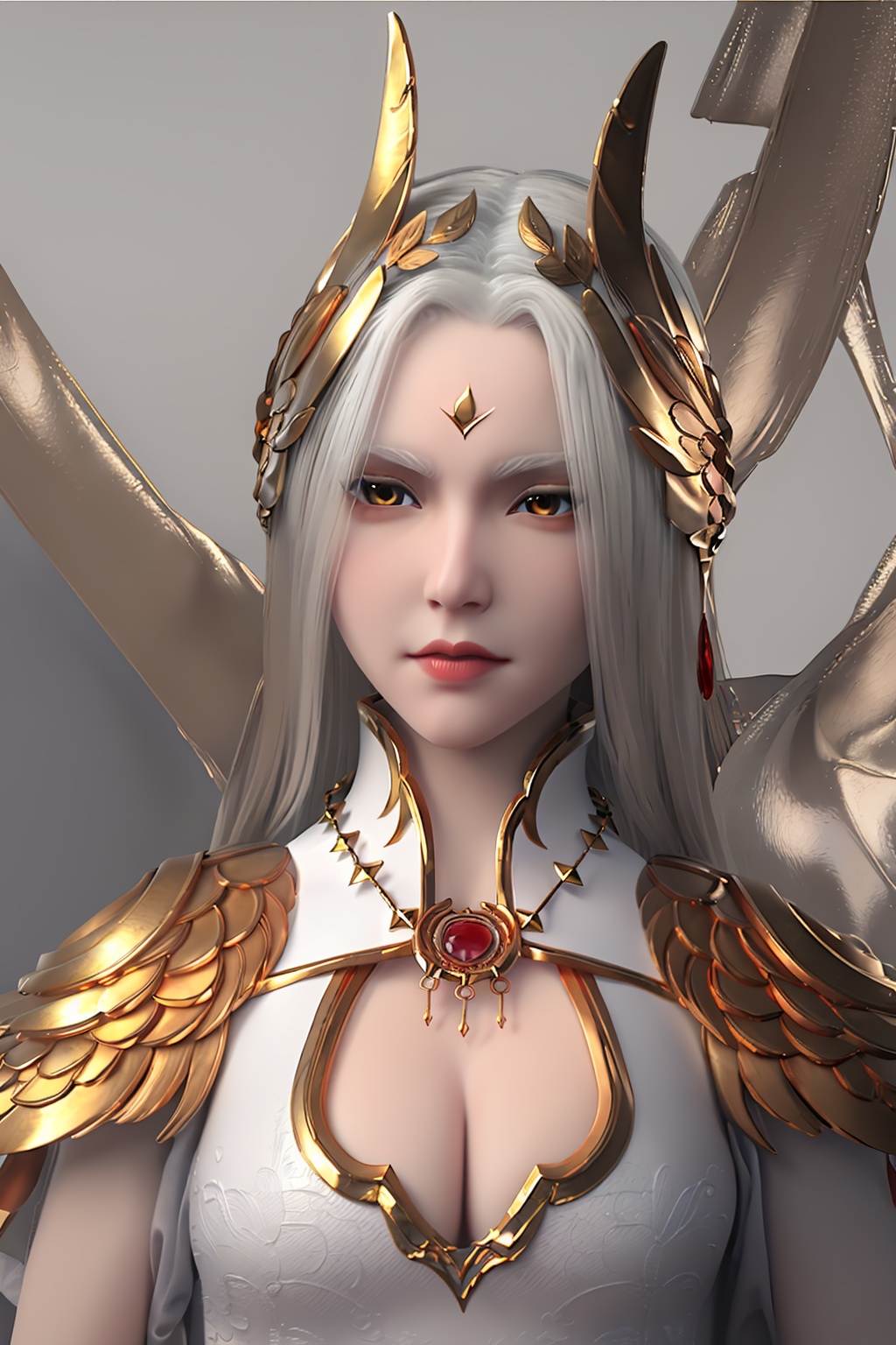 3D,masterpiece,(best quality),(makeup),official art, extremely detailed cg 8k wallpaper,((crystalstexture skin)), (extremely delicate and beautiful),(highly detailed),(1girl), (solo), (jewelry), (earrings),(white_hair),(long_hair),(hair_ornament),(handwear),(breasts),(collar),(laurel_crown),(horns),(tiara),,(upper_body),(wristband),(gold_trim),(shoulder_armor),(chinese_clothes),(white_dress),,((closed_mouth)),(sunshine, outdoor,),((looking_at_viewer)),((Facing the camera)), <lora:hipoly3DModelLora_v10:0.3>