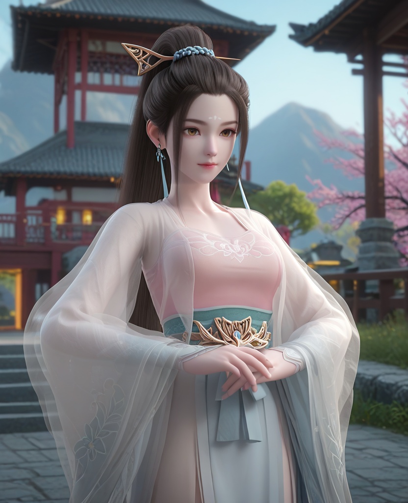 (oriental architecture, elegant decor, sophisticated style:1.1),(twirling pose:1.1),(breasts:1.2),<lora:XL16妖神记应月茹:0.95>,miss yingyueru,see-through overdress,pink camisole,brown eyes,forehead mark,black hair,high ponytail,very long hair,hair ornament,sash,light blue maxi skirt with slit,wide sleeves,white thighhighs,, score_9,score_8_up,score_7_up,score_6_up,score_5_up,score_4_up,3d rendering,tag1,tag2, Cinematic Lighting,backlighting,