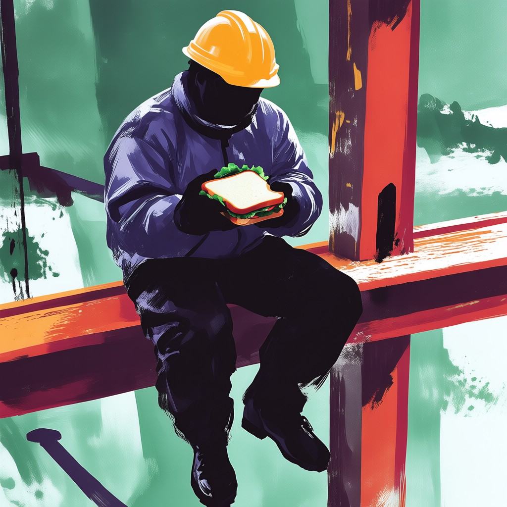 A man in a hardhat sits on a girder beam at a construction site and holds a sandwich,  high above the construction site on...