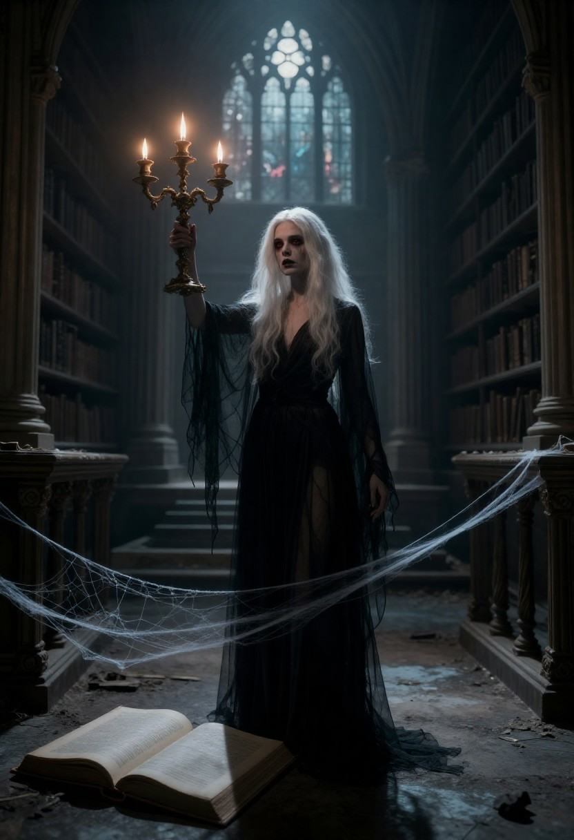 h0rr0rstyl3,  movie still from a 1970s horror scene,  A pale-skinned woman with luminescent white hair drifting like fog a...