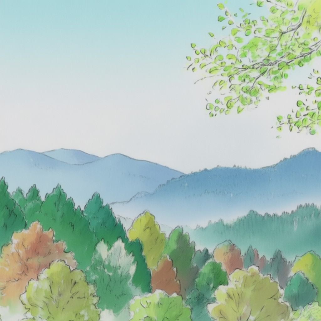 a kaguya style image of a landscape featuring distant blue mountains,  with layered hills covered in diverse green and aut...