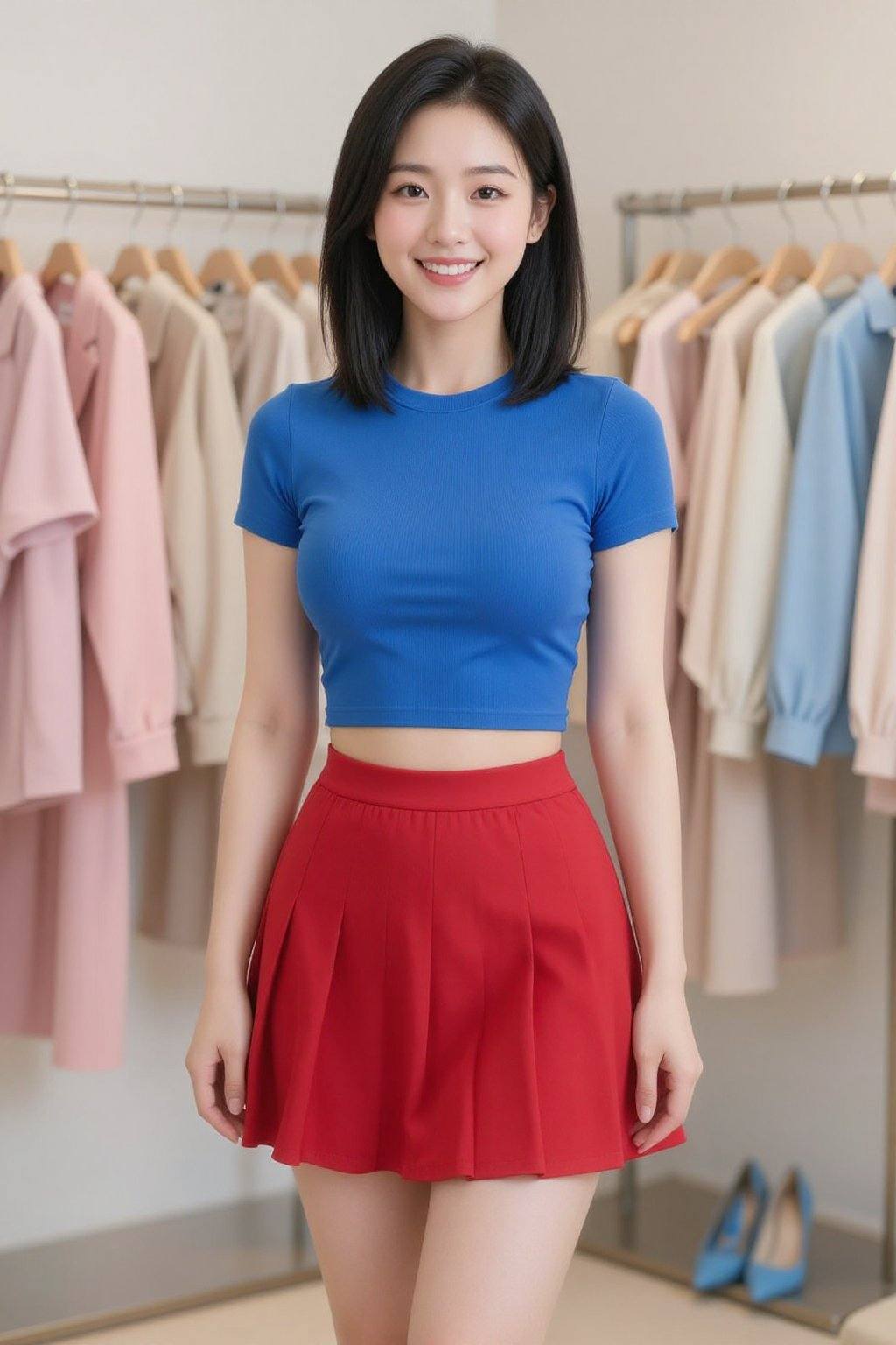 This is a high-resolution photograph capturing a young Asian woman standing indoors. She has fair skin and shoulder-length straight black hair. She smiles brightly, revealing her white teeth. She wears a fitted blue short-sleeved crop top, paired with a red pleated skirt and blue high heels. In the background, neatly arranged clothes racks are filled with various garments, primarily in soft pastel shades such as pink, beige, and light blue, creating a tranquil and stylish atmosphere. The photograph has been professionally styled to highlight the woman's fashionable and avant-garde attire against the backdrop of a clean and modern environment.