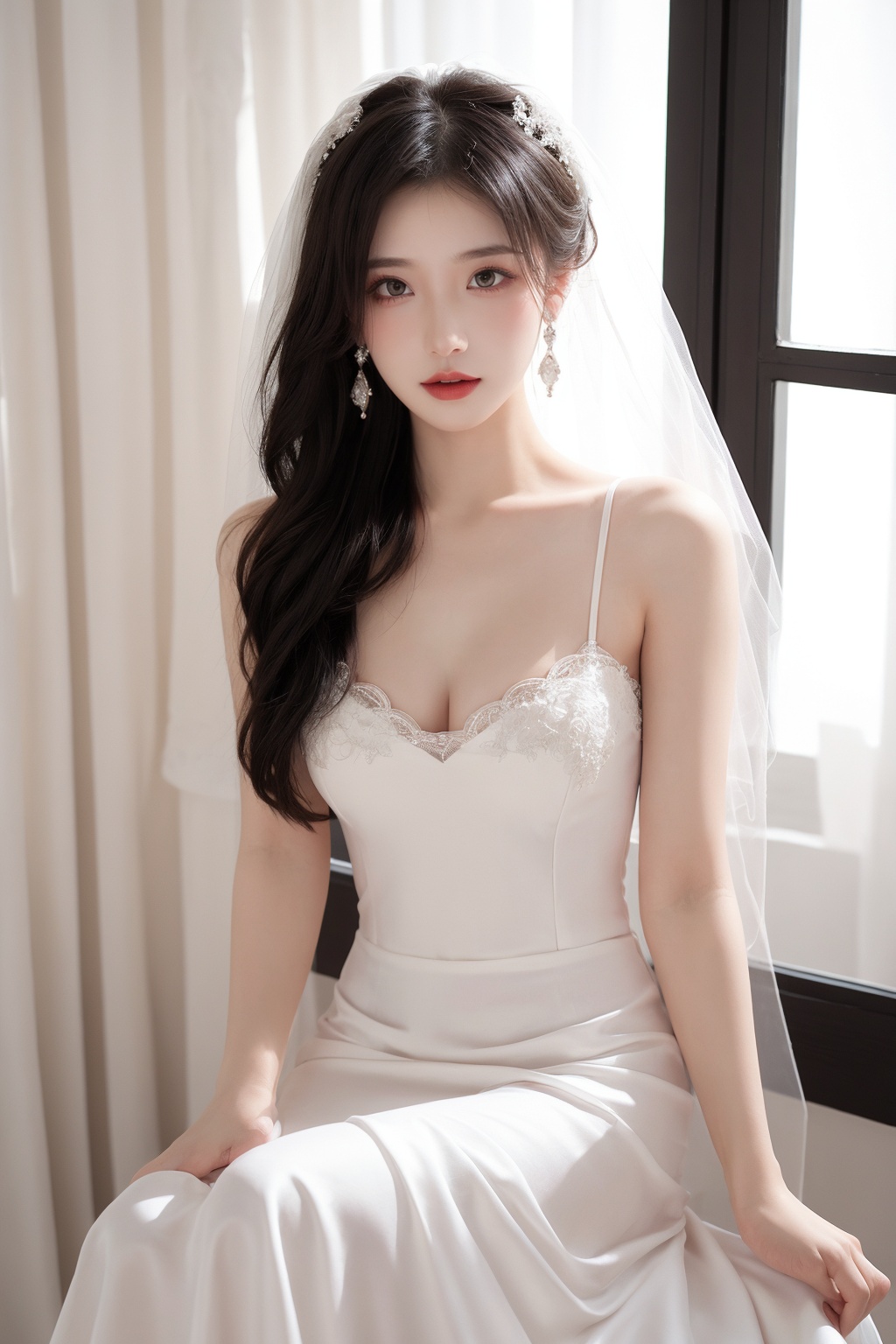 1girl, black hair, breasts, bridal veil, cleavage, curtains, dress, earrings, indoors, jewelry, lips, lipstick, long hair, medium breasts, realistic, sitting, solo, veil, wedding dress, white dress, window <lora:MengX girl_Mix_V40:0.8>