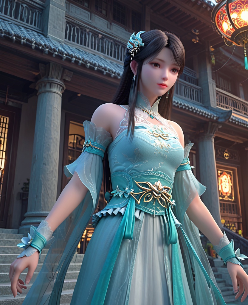 (oriental architecture, elegant decor, sophisticated style:1.1),(Standing, legs apart, arms extended,:1.1),(breasts:1.2),<lora:XL斗破苍穹箫薰儿绿衣:0.95>,miss xuner,aqua dress,see-through fart curtain with white petticoat underneath,brown eyes,black hair,long hair,sash,hair ornament,detached see-through sleeves,earrings,jewelry,bare shoulders,wrist cuffs,, score_9,score_8_up,score_7_up,score_6_up,score_5_up,score_4_up,3d rendering,tag1,tag2, Cinematic Lighting,backlighting,