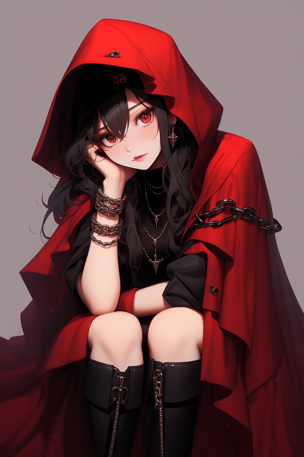 ShenMi, 1girl, long hair, red eyes, jewelry, solo, sitting, black hair, hood, earrings, hand on own face, looking at viewer, hand on own cheek, head rest, boots, hood up, cloak, necklace, skull, chain, head tilt, hair between eyes, red cloak, closed mouth, bracelet, black footwear, pendant, belt, hooded cloak, black pants, hand between legs, buckle, gothic style<lora:ShenMi7:0.8>