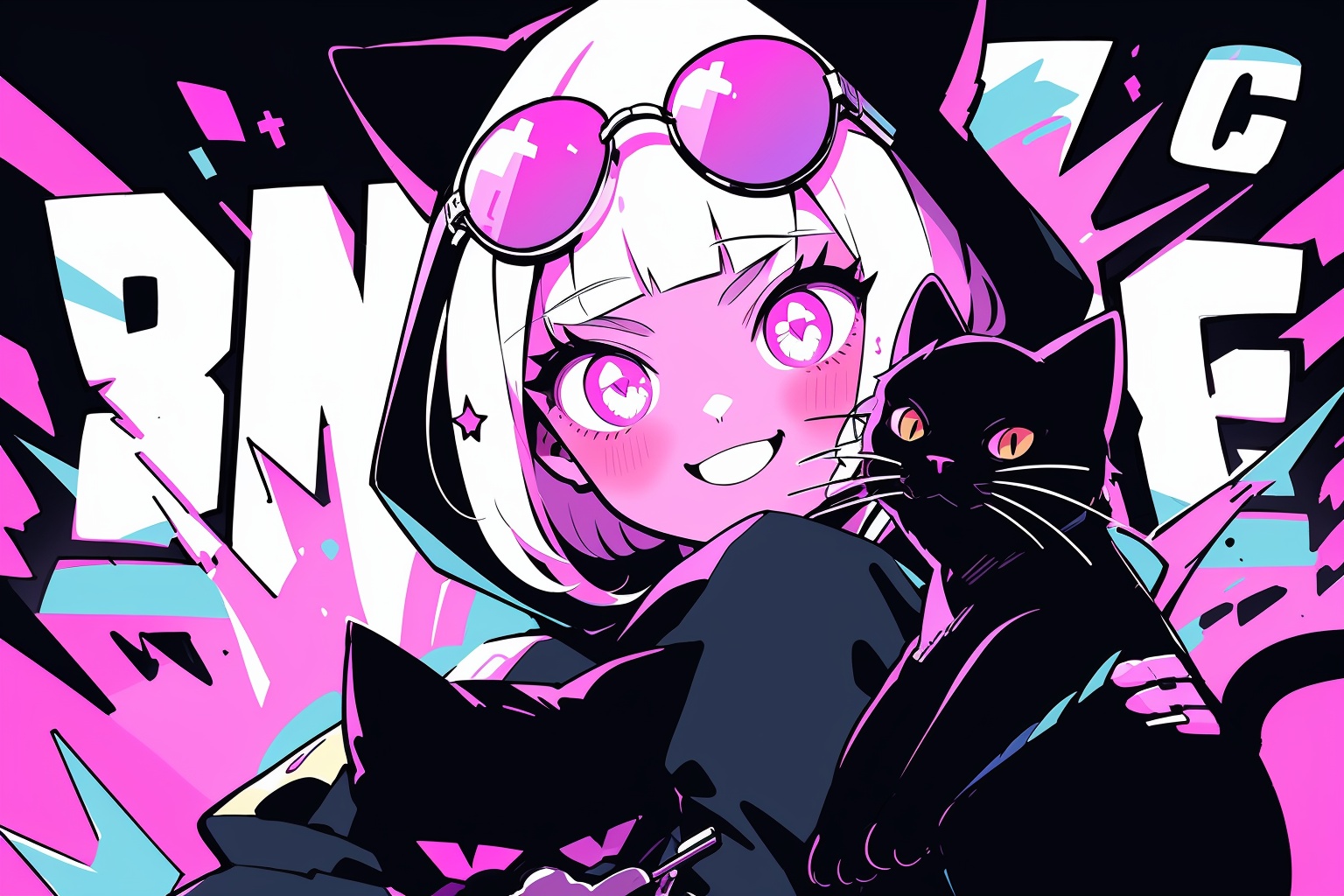 HTTP,1girl, cat, sunglasses, eyewear on head, hood, black cat, bangs, white hair, looking at viewer, blunt bangs, hood up, pink eyes<lora:HTTP_20231206170112-000012:1>