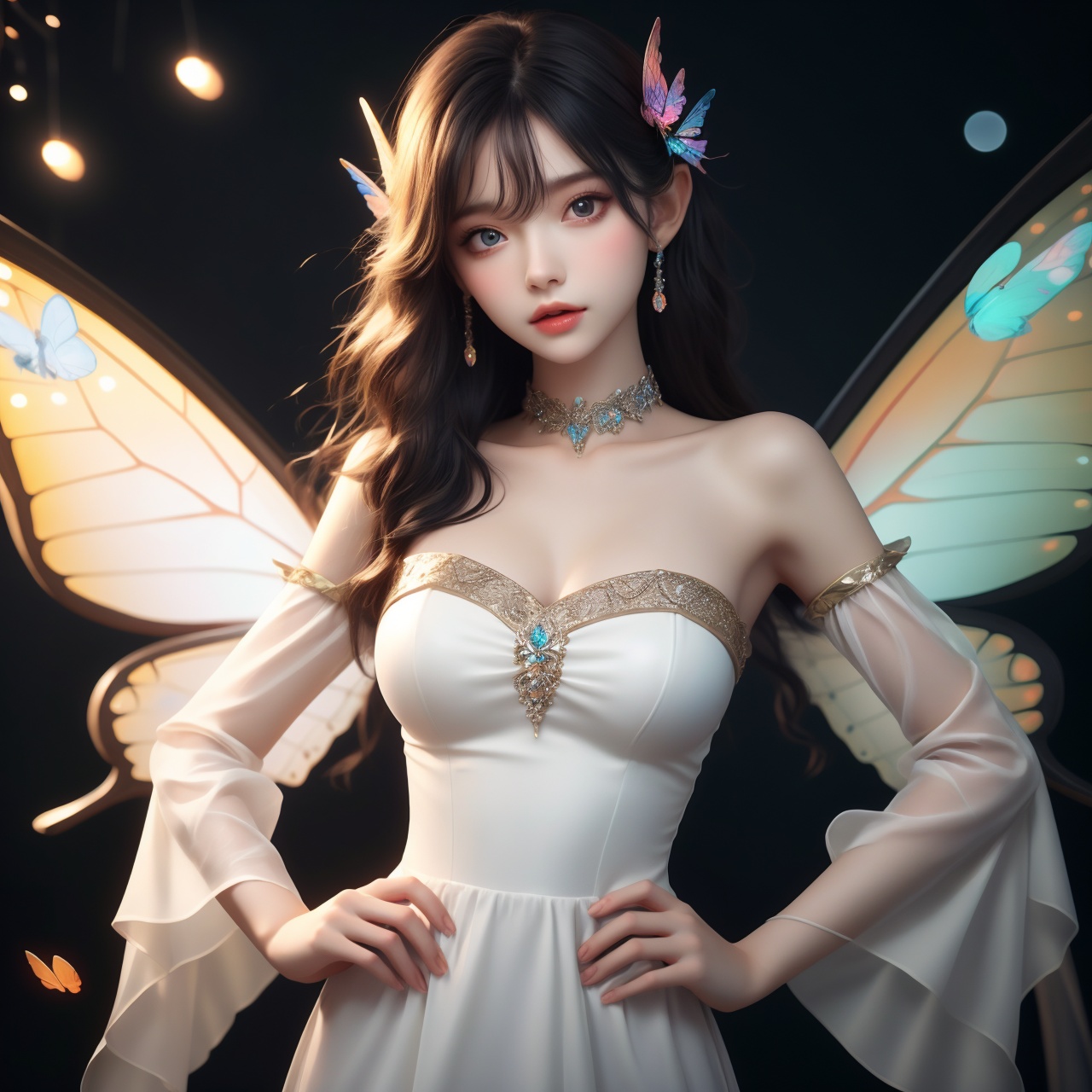 best quality,masterpiece,highres,cg,1girl,wings,solo,dress,detached sleeves,white dress,hand on hip,bare shoulders,looking at viewer,fairy wings,detached collar,strapless,butterfly wings,jewelry,fairy,strapless dress,lighting,candid,Photograph,high resolution,4k,8k,Bokeh,