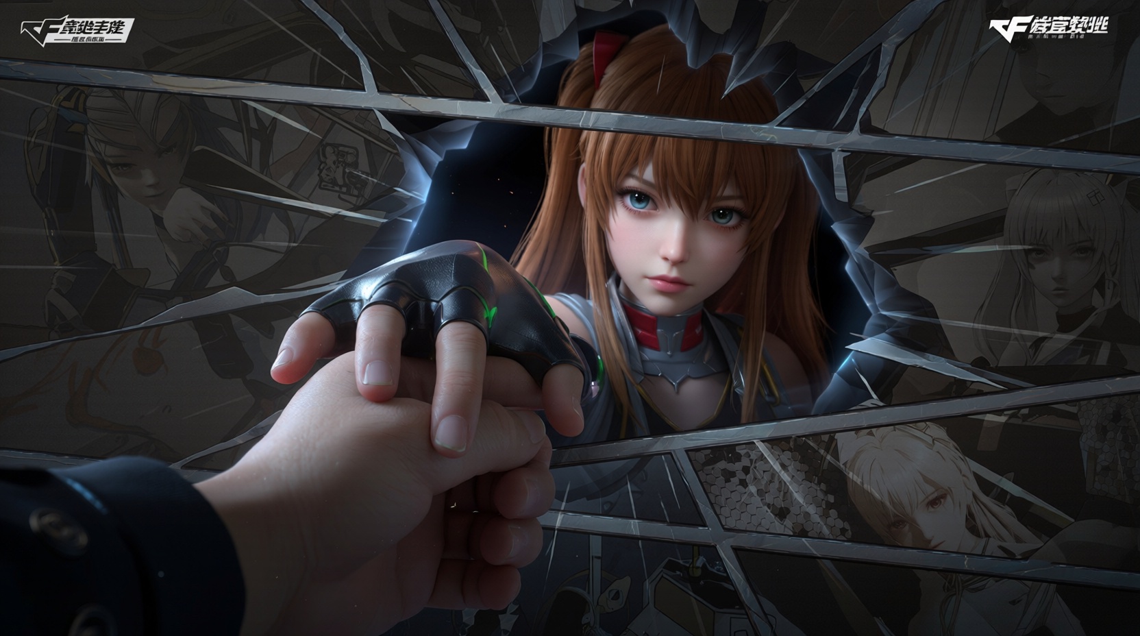 3D,角色3d渲染,3D的明日香從漫画格子里钻出來,她的手伸向镜头,跟镜头外的一只真人的手十指相扣,真實,立體,动作自然,细节刻画,高清画质,大师级,杰作,暗调,明暗交替对比,冲击力十足的画面,精细,背景质感,超高清,高品质,高质量,画面清晰,先进光线捕捉技术,专业后期处理优化,真实细腻的皮肤质感,大师级影视级图像标准,真实渲染,真实光影,