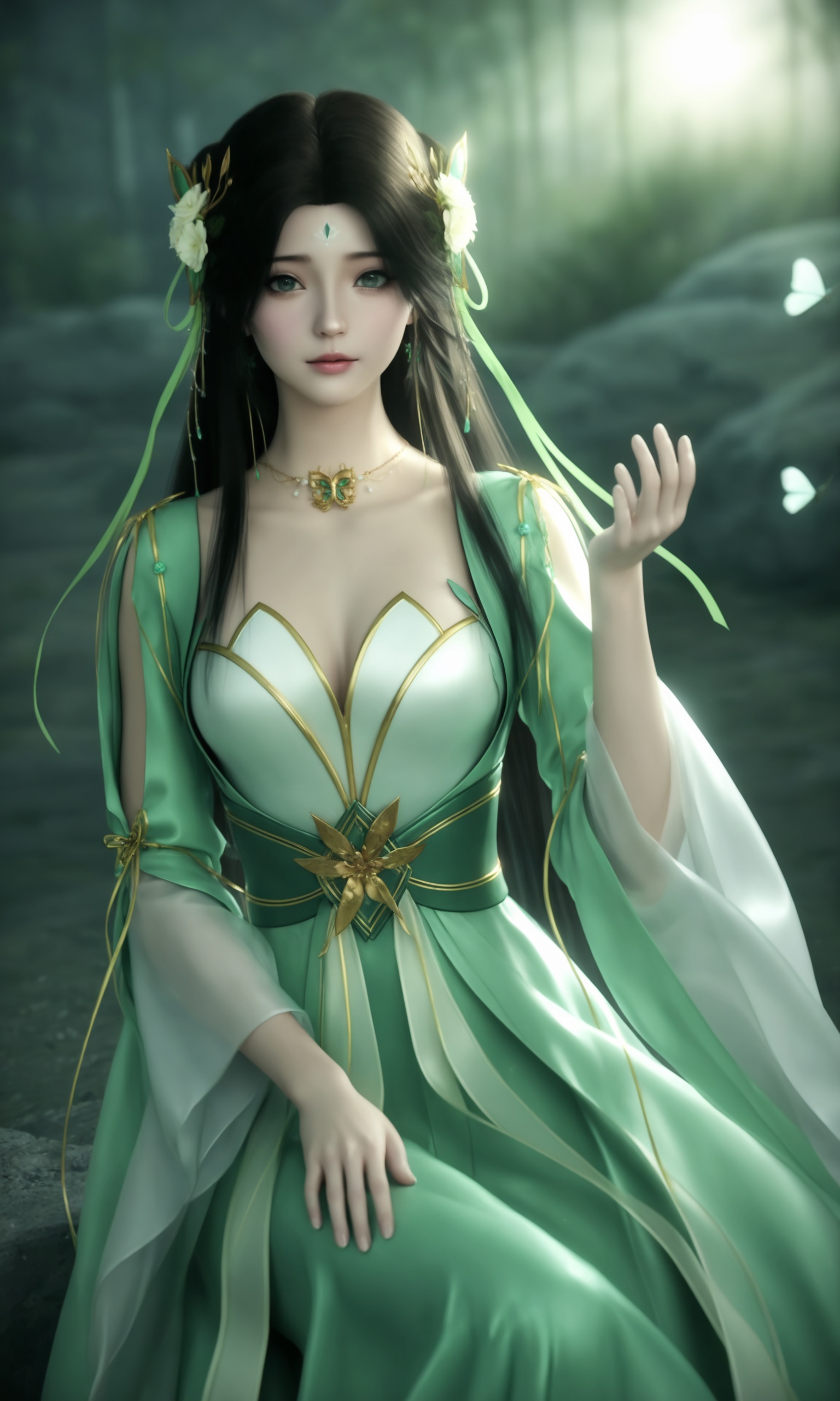 <lora:诛仙碧瑶-伤心花ILL:0.75>,1girl,long,flowing dark hair,flowing,green silk dress with intricate golden embroidery,golden belt,looking at viewer,lips,, score_9,score_8_up,score_7_up,source_anime,night,dark environment,Blend swirling,whirlpool-like patterns of intense and contrasting colors,with spiraling motions and chaotic color interactions,highly detailed,ultra-high resolution,32K UHD,sharp focus,best-quality,masterpiece,Emotionalization,golden hour,unconventional supreme masterpiece,masterful details,temperate atmosphere,with a high-end texture,in the style of fashion photography,Dynamic Angle,Dynamic posture,
