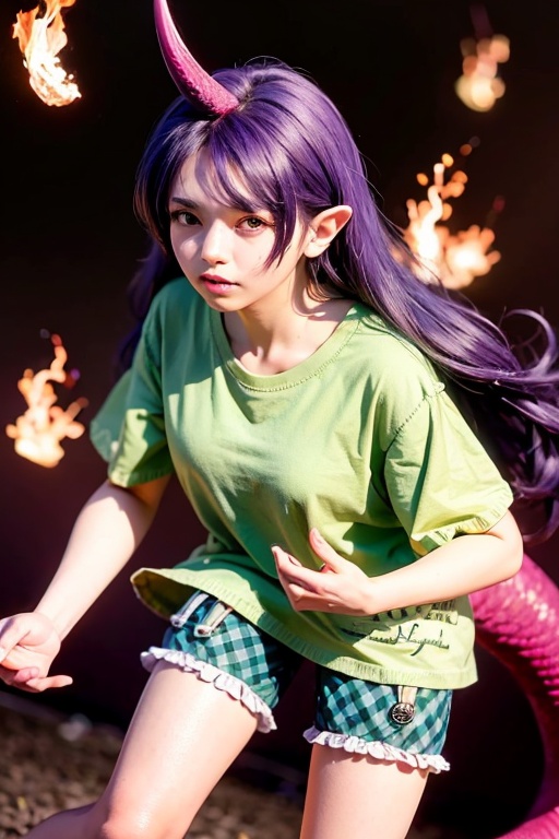 masterpiece, best quality, <lora:TenkajinChiyari:1>,1girl,single horn, long hair,(purple hair:1), pointy ears, red eyes,green shirt,short sleeves, green shorts,plaid shorts,dragon tail,fire,