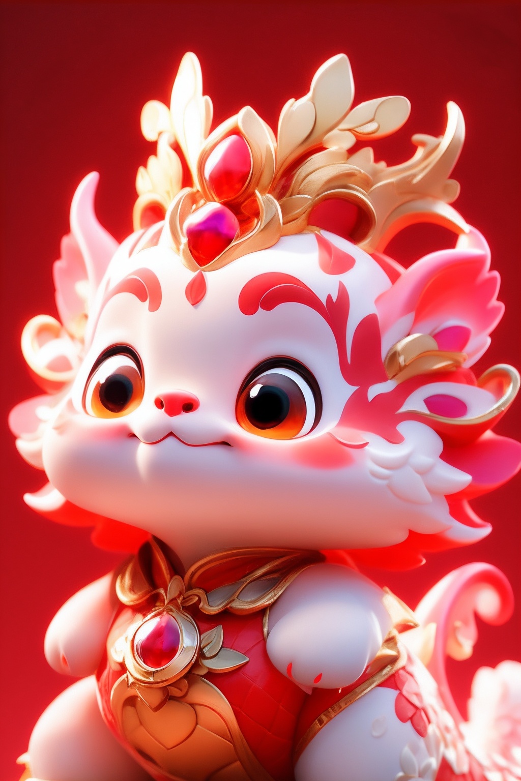 a cute pink and white pet,scale,red theme,<lora:Dragon Baby_20231209214719-000009:0.7>,((masterpiece)),rich details,extremely exquisite,claw,head gemstone,red background,