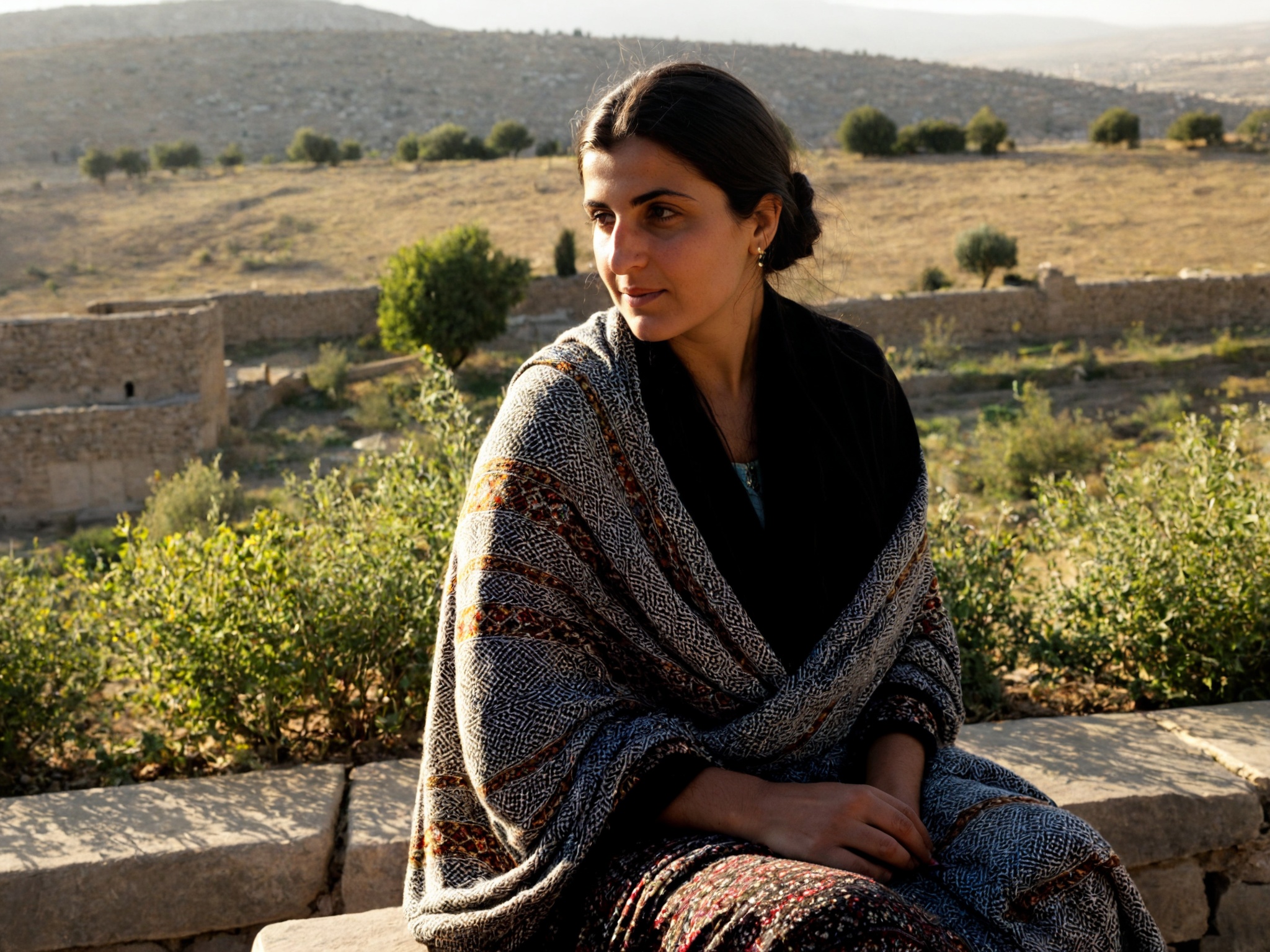 A portrait of a 33-year-old Kurdish woman seated on a stone bench,  her long black hair in a low bun and a patterned shawl...
