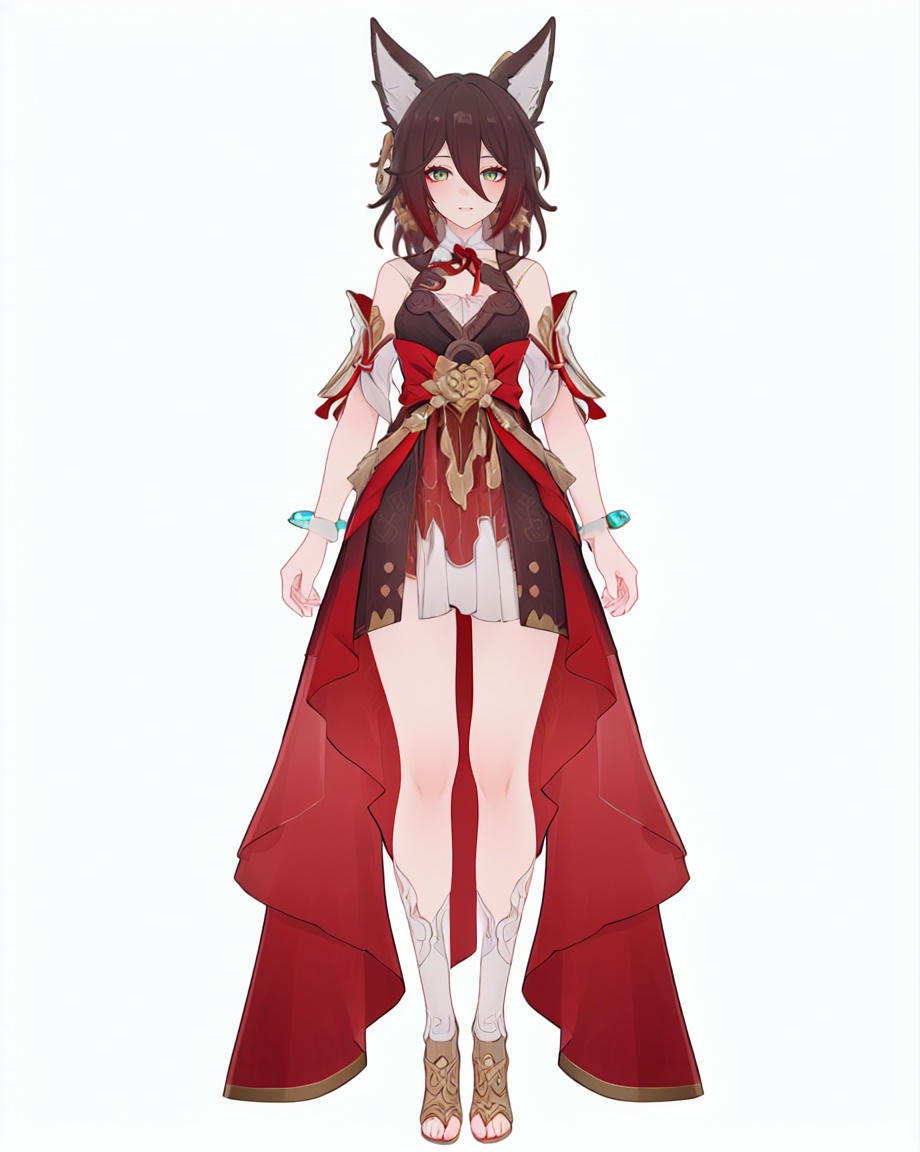 8k, best quality, masterpiece, (ultra-detailed), (high detailed skin), (by nanoless, by misumi \(macaroni\),:0.5), A full-body portrait of a young girl, standing gracefully, pastel art style, high-key lighting, shoujo manga influence, hd quality, delicate details, full body, full shot, standing, looking at viewer, (solo:1.2), simple background, white background, <lora:tingyun-sd-Tanger-000019:0.8>, tingyun, ( def, def clothes, def red dress,  tingyun \(honkai: star rail\):1.2), 1girl, animal ears, solo, green eyes, tail, jewelry, 