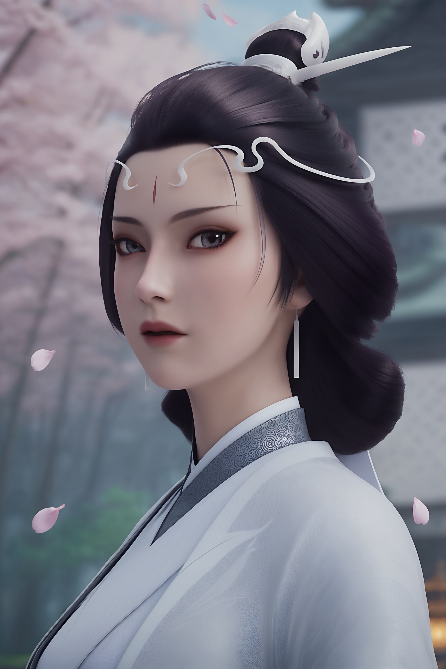 <lora:诛仙3-水月Pony:0.8>,1girl,traditional updo,flowing,two white,ornate hairpins,white headpiece,long,flowing white dress,intricate patterns,high collar,wide sleeves,loose sleeves,fron view,, masterpiece,best quality,solo,1girl,upper body,petals,looking at viewer,moon,branch,cherry blossoms,flower,extreme aesthetic,(quasarcake:0.7),masterpiece,best quality,good quality,newest,very aesthetic,absurdres,A shot with tension,(Visual impact,giving the poster a dynamic and visually striking appearance:1.2),impactful picture,offcial art,colorful,splash of color,movie perspective,