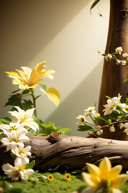 HZPJCT,product photography,still life,flower,outdoors,tree,no humans,white flower,scenery,yellow flower,sunflower,branch,