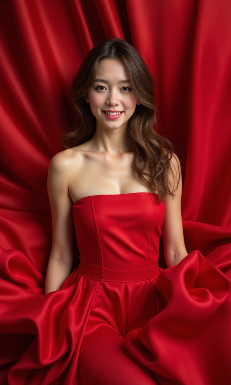 Caucasian,The image features upper body of a young woman of European descent next to a red silk wall of an studio setting,dynamic pose,surrounded by red silk. (She is wearing a red silk dress),paired with a bold. Her brown hair is wet and tousled,falling naturally around her face,giving her a raw and edgy look. The woman has an intense and direct gaze,adding to the dramatic feel of the image. The backdrop is flowing red silk,big red silk screen. The overall composition blends elements of fashion and nature,creating a striking and powerful visual.,Plush, <lora:my-v67:1>