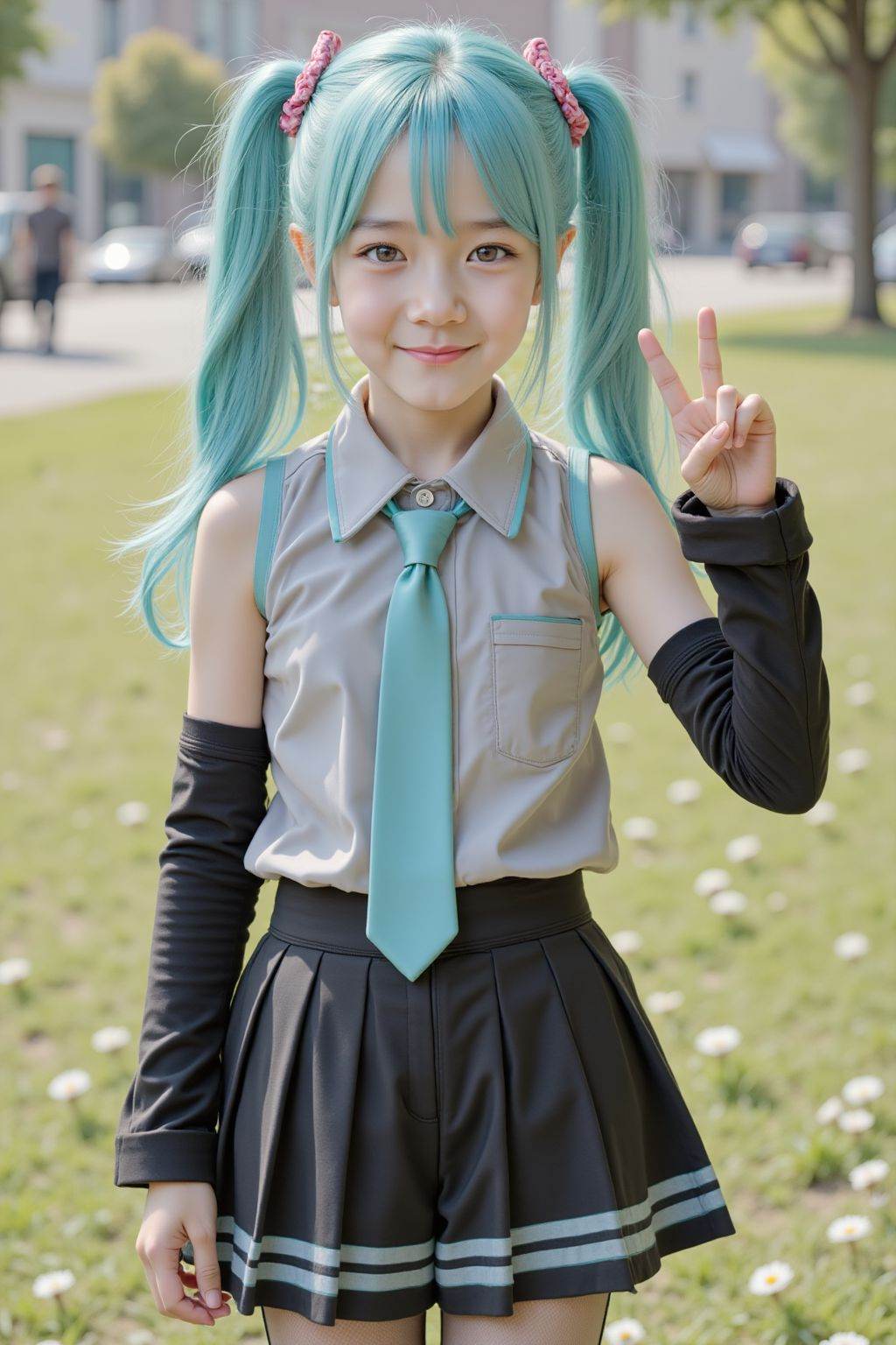 HDR photo of cinematic film still, A vibrant showcasing a young, possibly in her late teens, with pale skin and large, expressive eyes. Her hair is a striking shade of turquoise, styled into long twin-tails, held with pink accents. She is wearing a grey sleeveless collared shirt with a turquoise tie, paired with a black pleated skirt, over black stockings with teal accents. Black sleeves extend from her shoulders, adding a contrasting element to the outfit. She gestures with her right hand, her fingers forming the "peace" sign, giving a friendly pose. Her expression is cheerful, her eyes bright and filled with a light. The background presents a sunlit, out-of-focus park setting, with a green grassy field dotted with small white daisies. Buildings are visible in the distance, suggesting an urban environment. The lighting is soft and diffused, adding to the overall cheerful mood.