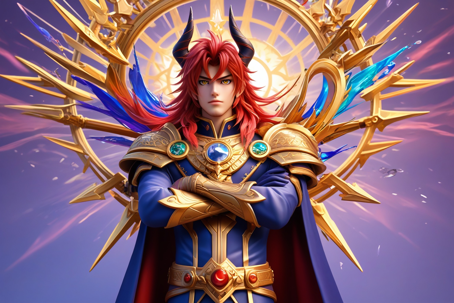 radahn,1boy,radahn,solo,looking at viewer,yellow eyes,black sclera,long hair,red hair,crossed arms,arrow on back,flag on back,cape,fake horns,horned helmet,cowboy shot,golden border,close-up details,outstanding style,adding a touch of dimension to your images without compromising details,whirls of vapor,iridescent textures,(Anime:1.1),ethereal ambiance,delicate details,magical high-concept,32K UHD,sharp focus,best-quality,masterpiece,golden hour,unconventional supreme masterpiece,masterful details,temperate atmosphere,with a high-end texture,in the style of fashion photography,photography,cover,dynamic angle,dynamic posture,(artist:quasarcake:0.8),extreme aesthetic,(wlop:0.6),(honjou raita, lack, rella:0.5, wanke),masterpiece,best quality,good quality,very aesthetic,absurdres,visual impact,a shot with tension,ultra-high resolution,32K UHD,sharp focus,best-quality,masterpiece,emotionalization,unconventional supreme masterpiece,masterful details,temperate atmosphere,with a high-end texture,in the style of fashion photography,(visual impact:1.2),giving the poster a dynamic and visually striking appearance,impactful picture,official art,colorful,splash of color,movie perspective,masterpiece,best quality,amazing quality,very aesthetic,absurdres,best quality,newest,