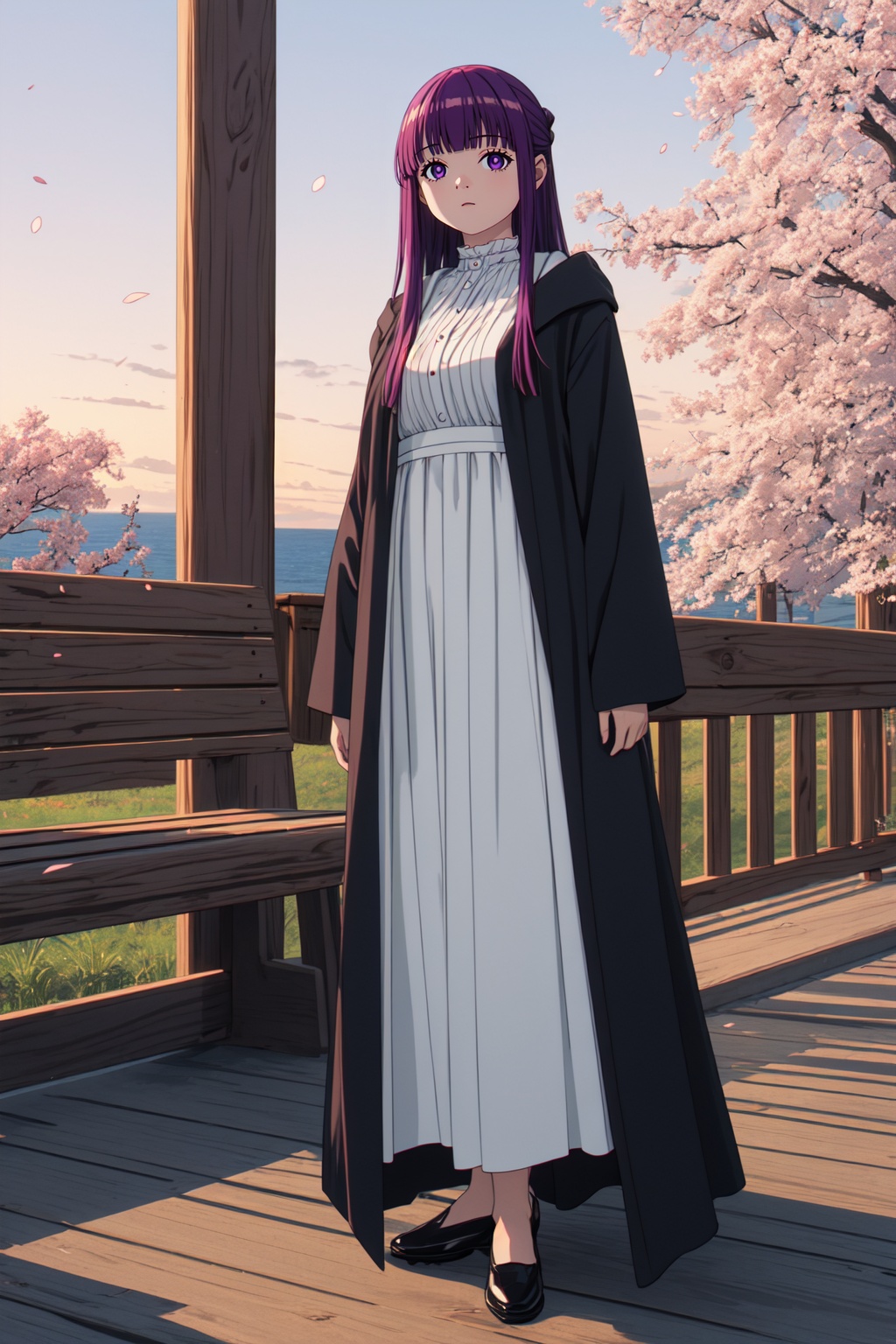 masterpiece,best quality,cinematic lighting,1girl,solo,full body,(looking at viewer:1.1),(standing:1.2),<lora:lora-000010.by_tusi:1>,Fern_SNF,purple hair,very long hair,blunt bangs,sidelocks,half updo,purple eyes,dress,white dress,robe,black robe,open_clothes,long sleeves,BREAKscenery,Sunset,Orange hues,Serenity,Coastal views,Cherry blossoms,Magnolia trees,Park benches,Afternoon,<lora:增强减少细节add_detail:0.5>,8k,ultra-detailed,