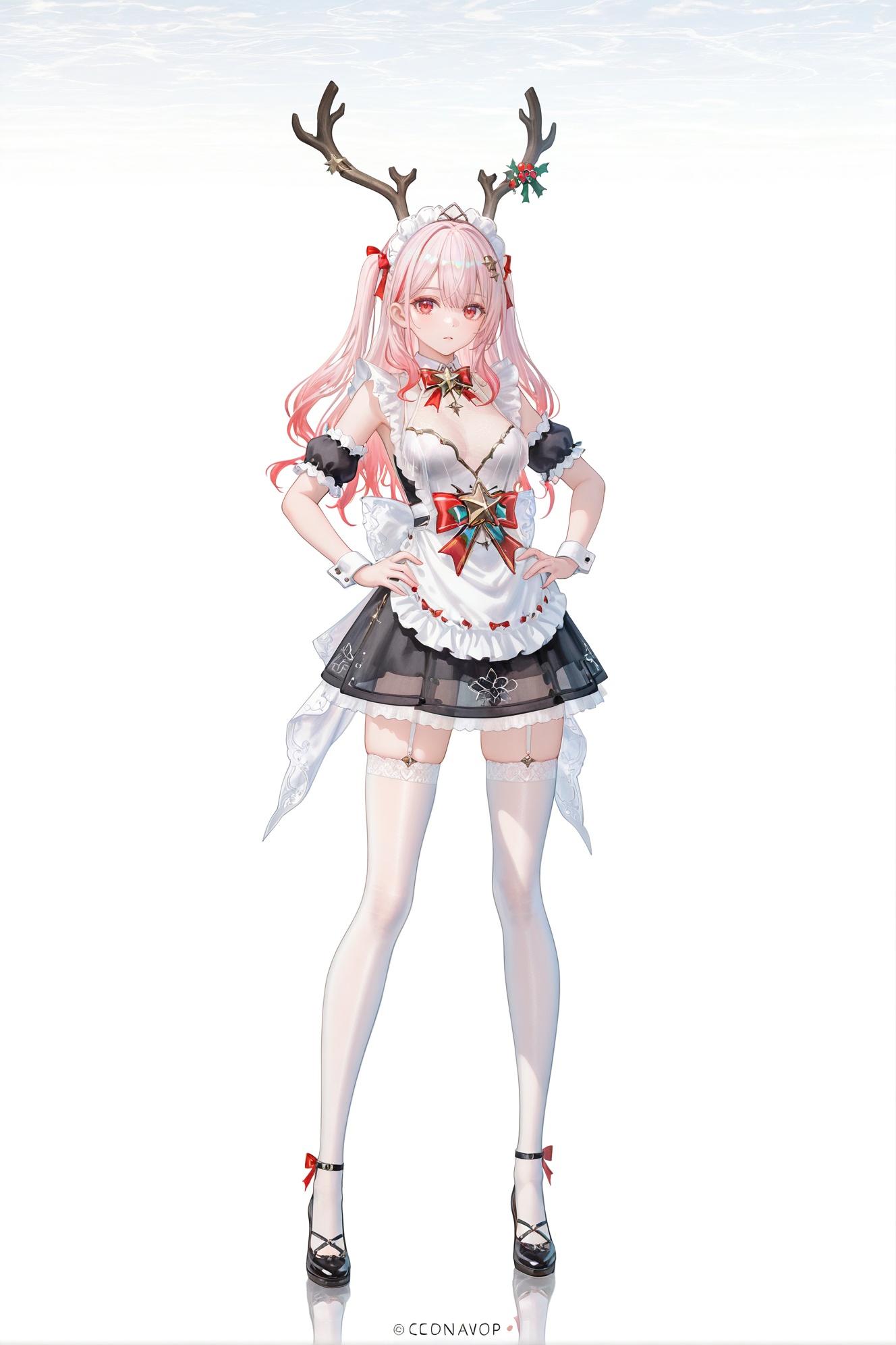 8k,best quality,masterpiece,(ultra-detailed),(high detailed skin),((artist:reoen),(artist:fuzichoco),(artist:atdan),(artist:torino_aqua),year 2024:0.8)1girl,[artist:wlop],[artist:ningen_mame],artist:ciloranko,[[artist:rhasta]],artist:tidsean,colorful,full body,full shot,standing,(solo:1.2),simple background,(white background:1.2),hand on own hip,(white background:1.1),<lora:weimo-ill-Tanger-000013:0.8>,weimo \(book of yog\),shendan,clothes: shendan clothes,shendan maid apron,shendan red hat horn ornament,shendan deer horns,shendan white thighhighs,shendan detached sleeves,twintails,Star brooch,1girl,breasts,maid,maid headdress,wrist cuffs,antlers,long hair,red eyes,white hair,pink hair,multicolored hair,see-through,santa hat,christmas,