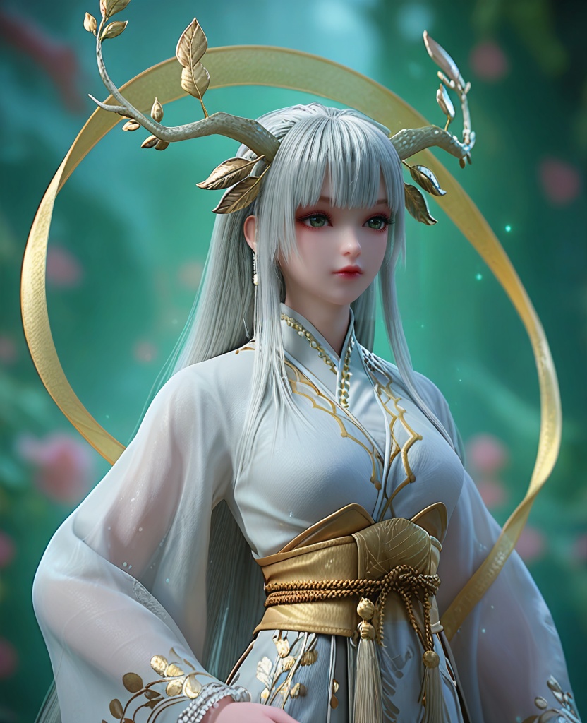 (oriental architecture, elegant decor, sophisticated style:1.1),watching the stars next to the tent,(breasts:1.2),<lora:XL完美世界虚天神藤:0.9>,miss xutianshenteng,solo,white kimono,green eyes,leafy branches hair ornament,bangs,white hair,long hair,red lips,sash,obi,see-through wide sleeves,clothing patterns,light particles,hagoromo,beads bracelet,tassel,outer skirt,, zPDXL2, score_9, score_8_up, score_7_up BREAK realistic, masterpiece,best quality, highly detailed,, zPDXL3, zPDXL2,zPDXL, zPDXLxxx, zPDXLrl,