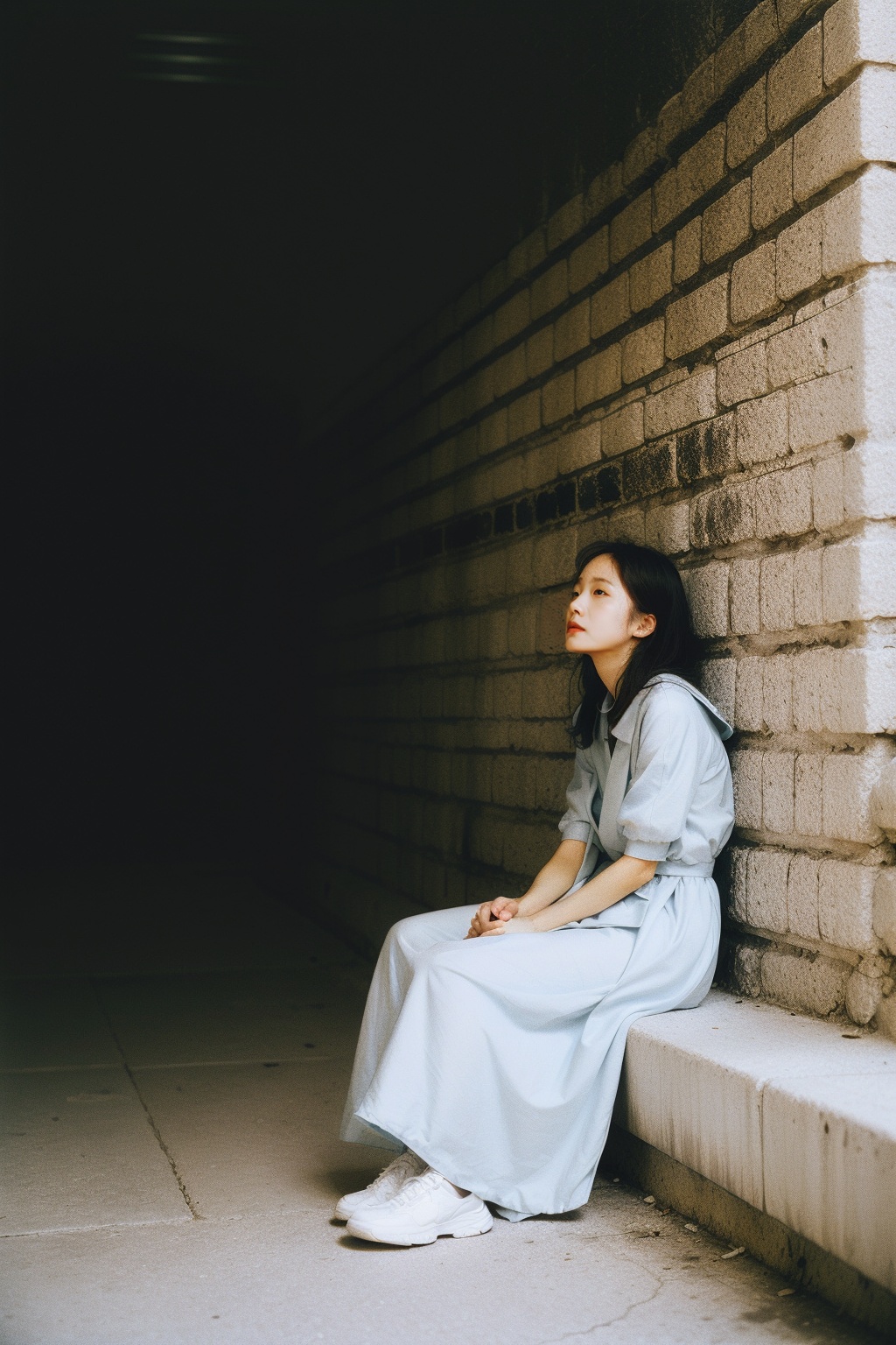 1girl,film grain,vintage tone,high contrast,gown,tunnel,brick_wall,melancholy,sitting,against wall,sad,<lora:FUJICOLOR Super HR 100:1.2>,