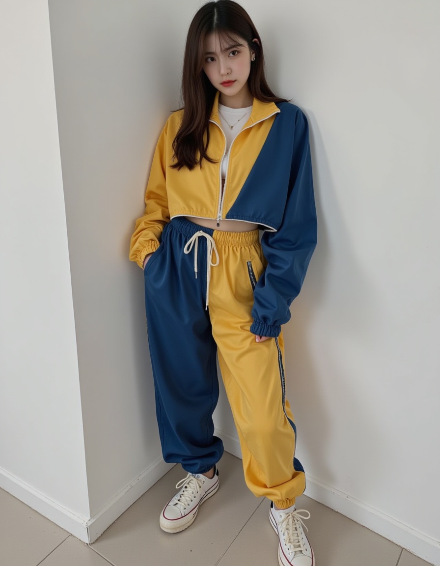 a real picture of a south korea woman,In Cropped windbreaker and track pants with side snaps,