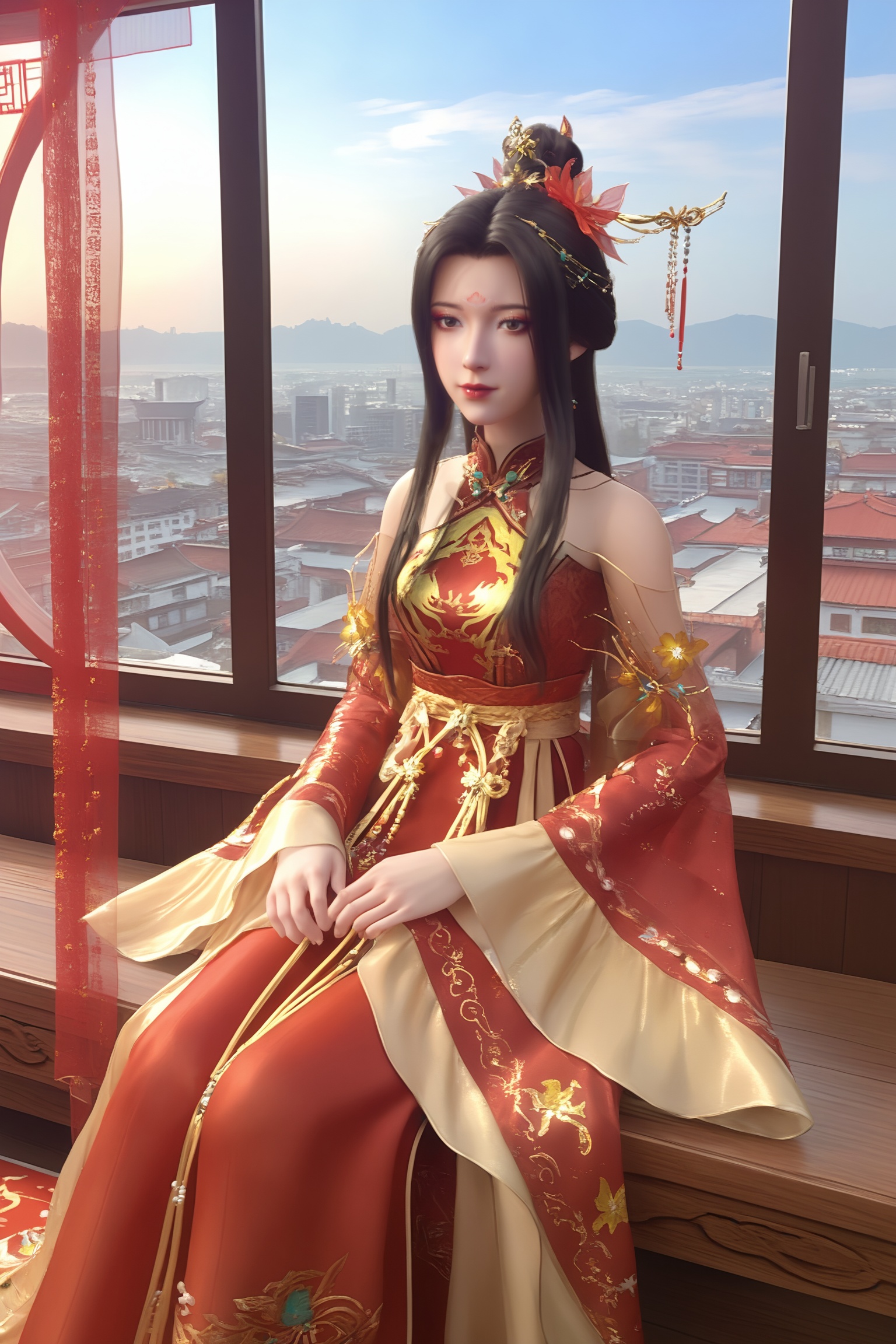 1girl,solo,sitting,window,frills,sky,cloud,indoors,cityscape,closed_mouth,sun,looking at viewer,<lora:云深不知梦-云望舒Pony:0.7>,1girl,long,flowing black hair,traditional updo,gold and red hairpins,ornate traditional Chinese gown in deep red and gold,high collar,long sleeves.,