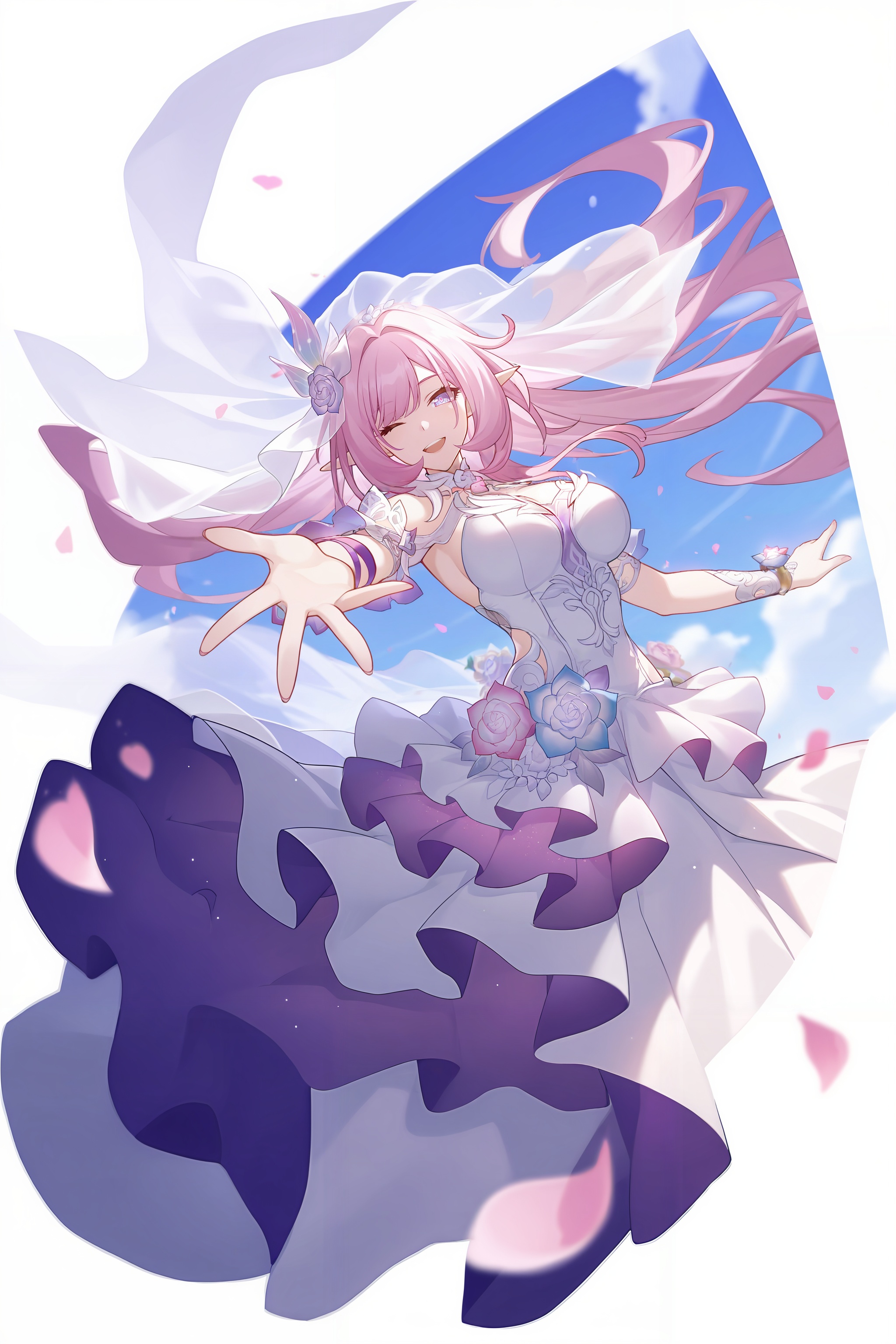 <lora:大昔涟:0.8>,xilian,1girl,long hair,pink hair,hair ornament,pointy ears,pink eyes,very long hair,elf,purple eyes,elysia \(honkai impact\),xilian,1girl,pink hair,solo,long hair,veil,breasts,smile,one eye closed,white dress,open mouth,dress,looking at viewer,petals,teeth,purple eyes,pointy ears,sky,blue sky,upper body,bridal veil,wedding dress,large breasts,pink eyes,depth of field,masterpiece,best quality,very aesthetic,alternate costume,alternate costume,2024,2023,perfect composition,ultra-detailed,extreme aesthetic,masterpiece,best quality,good quality,newest,year 2024,year 2023,very aesthetic,absurdres,looking_at_viewer,colorful,<lora:立绘构图ILL:0.3>,lihui,wind,pink wind,(dynamic_angle:1.1),(dutch angle:1.1),close-up,