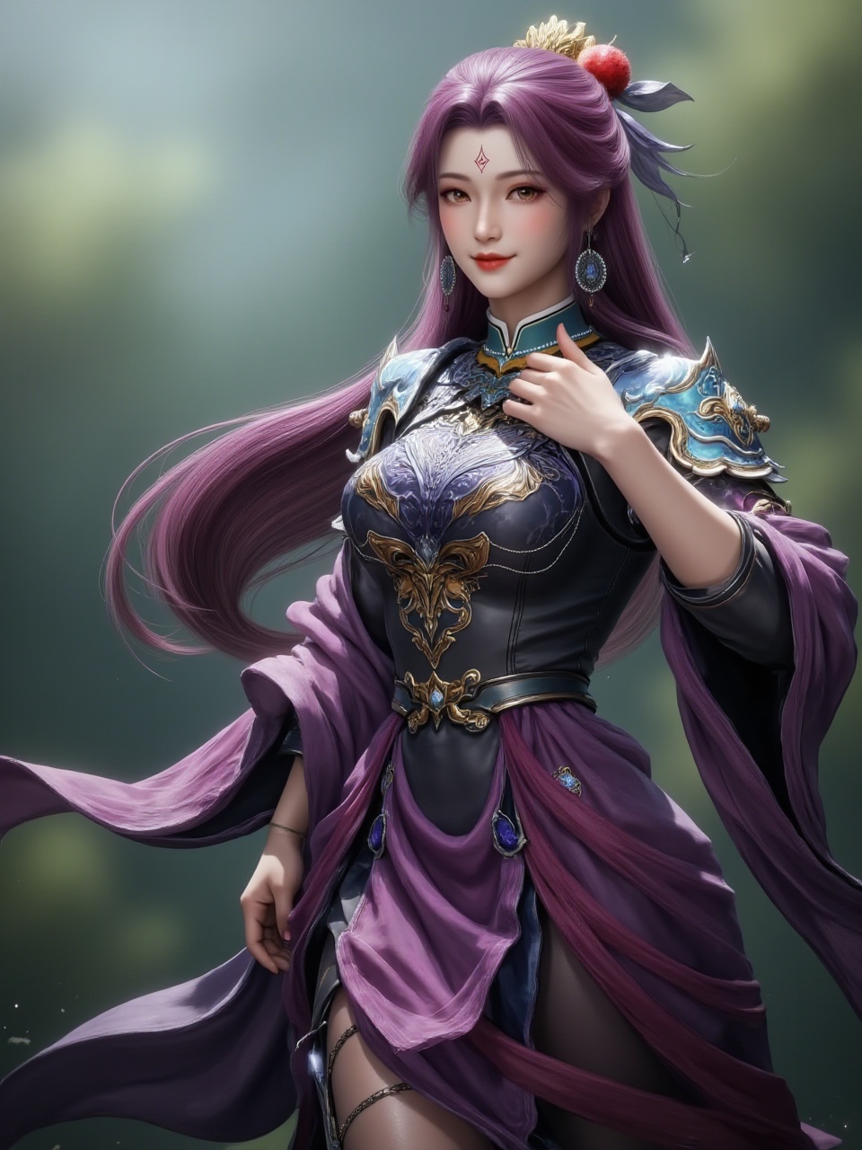 siyouyou,siyouyou,outdoors,smile,traditional armor,purple hair,a striking tattoo on her forehead,purple flowing dress,