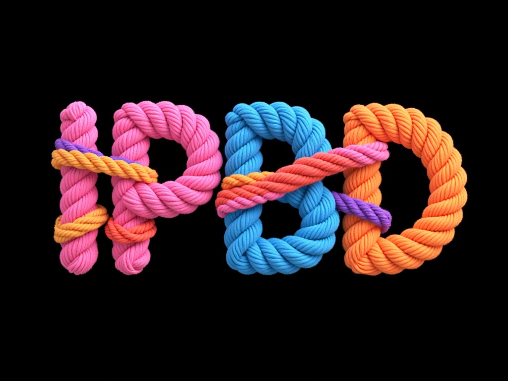 IPBD,This is a digital artwork featuring the word "IPBD" intricately woven from vibrant, colorful ropes in pink, blue, and orange. The ropes are tightly braided, creating a textured, three-dimensional effect against a solid black background. The style is modern and abstract, emphasizing the word's meaning through creative, tactile representation. 