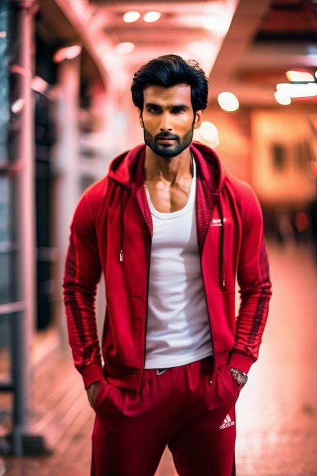 Sendhil Ramamurthy a man ,  realistic photo in a worn ((skin-revealing skimpy erotic red tracksuit,  massive hairy pecs))...