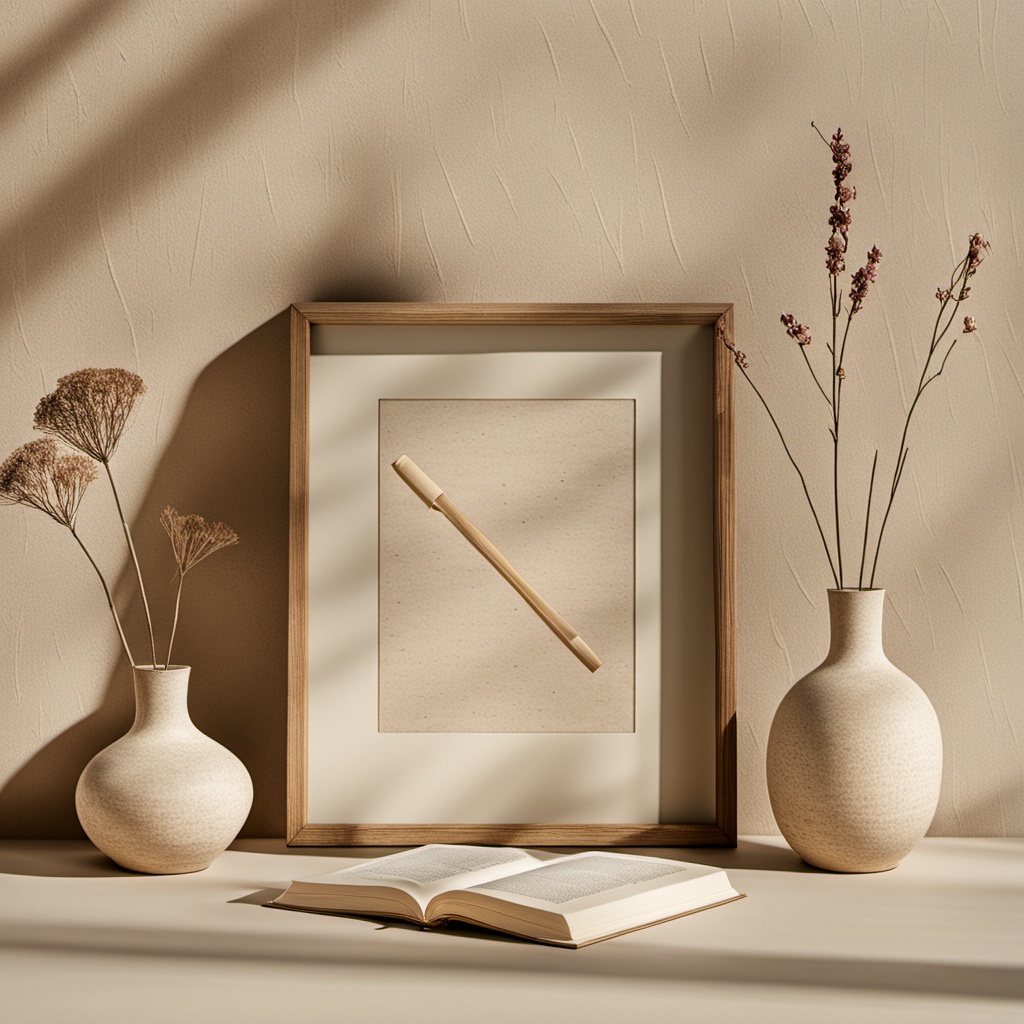 jingwu,The picture shows an indoor still life decoration with a light toned wall background. Soft light and shadow cast on the wall. In the center is a wooden photo frame,with decorative vases on either side. Between the two vases,there is an open book,and the pages unfold to present a state of casual reading. The overall scene creates a simple and peaceful atmosphere.,<lora:sanjing-XL:0.8>,