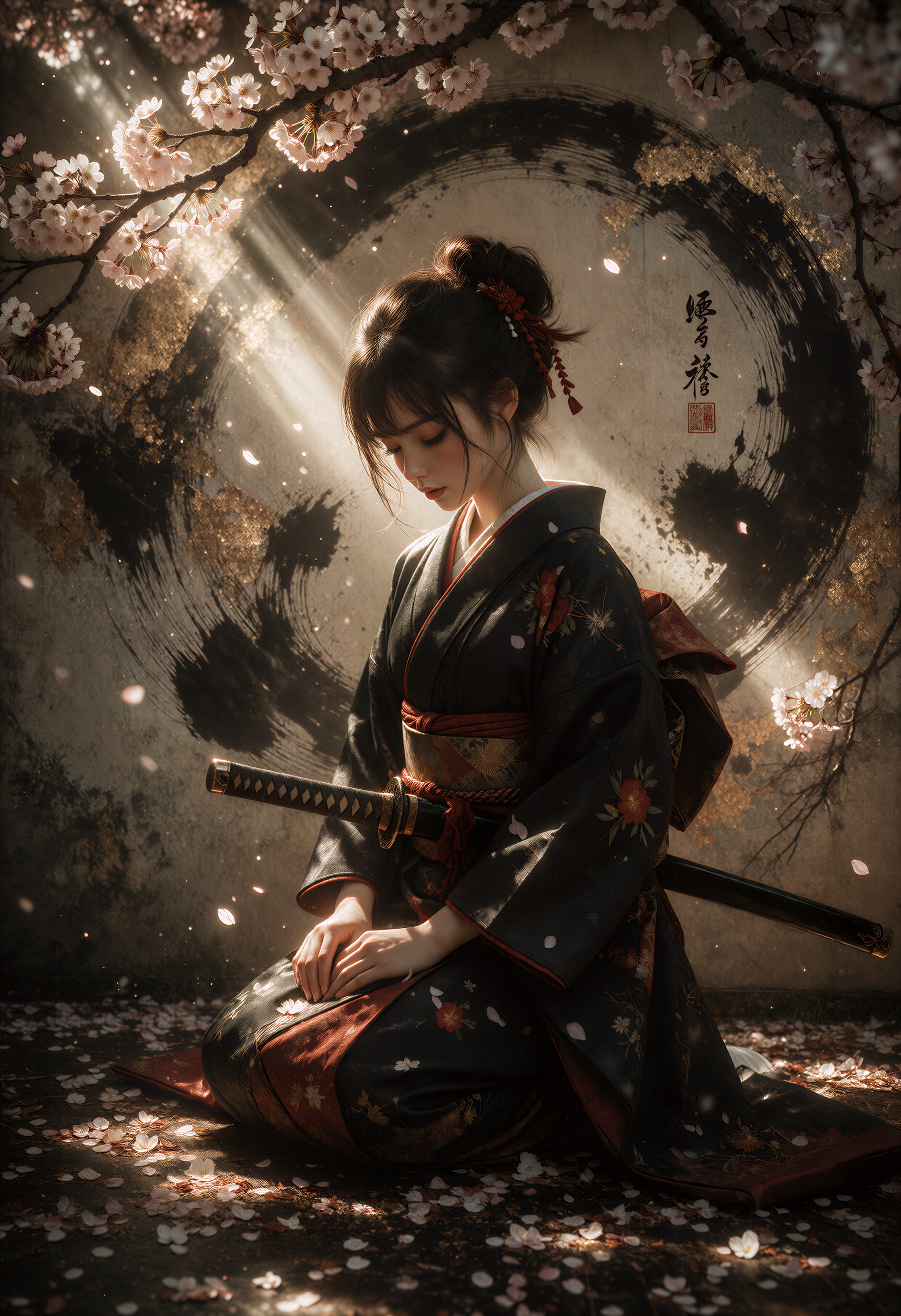 DRKM4GE,  A young Japanese swordswoman kneels in seiza near the center-right of a wide horizontal composition,  shown in f...