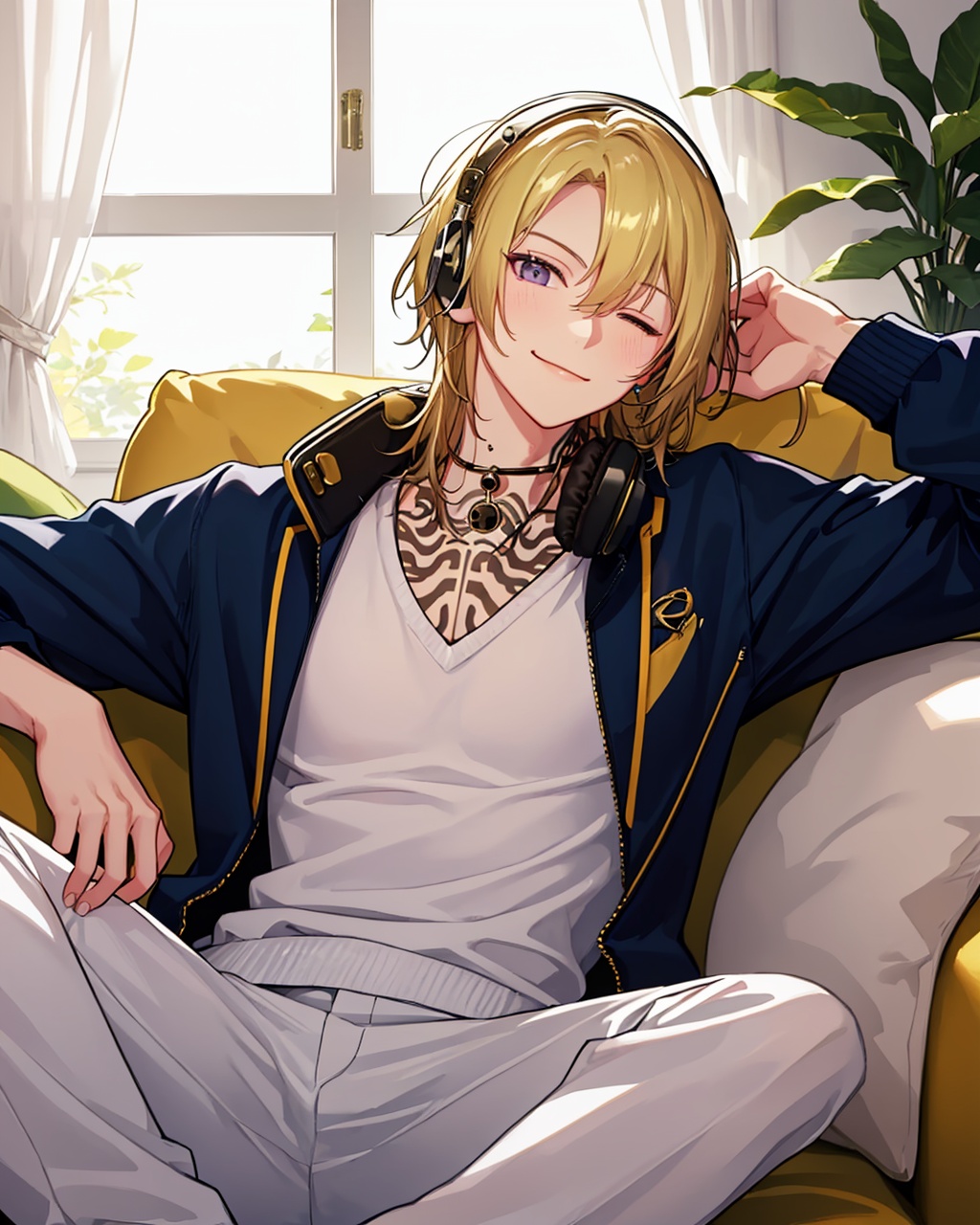 masterpiece,best quality, highly detailed, luca kaneshiro,1boy, male focus, one eye closed, indoors, window, virtual youtuber, solo, looking at viewer, smile, blue jacket, closed mouth, white shirt, sitting, headphones around neck, potted plant, long sleeves, couch, holding cat, white cat, jewelry, neck bell, brown pants, fingernails, pillow, jar, open jacket, chest tattoo, collar, eyelashes,<lora:luca_kaneshiro:1>