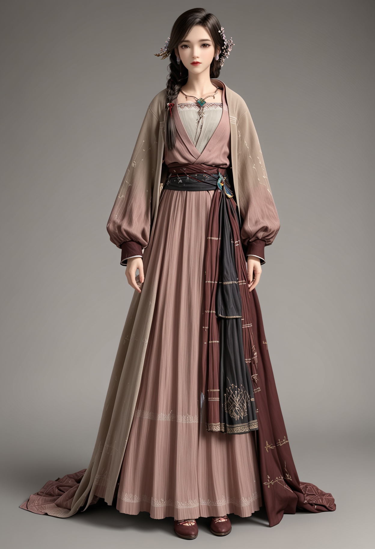 (full_body:1.1),(looking at viewer:1.1),facing viewer,direct gaze,<lora:YQ_pony_yingmo_V4:0.8>,q1528437228,1girl,solo,jewelry,long hair,hair ornament,earrings,braid,brown hair,brown eyes,hair flower,necklace,black hair,dress,long sleeves,single braid,BREAK simple background,pure black background,black background,perfect anatomy,