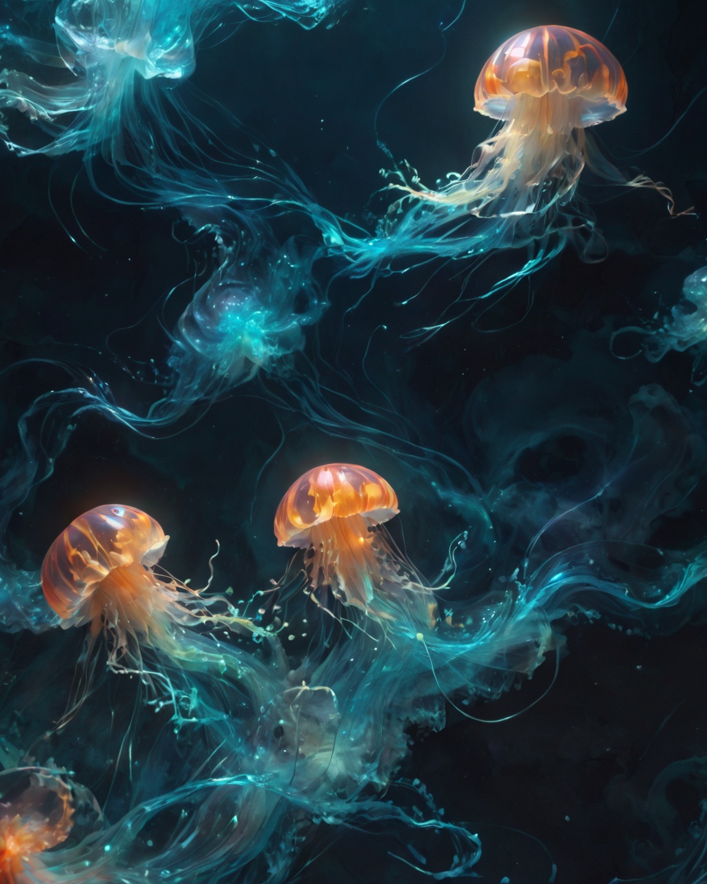 a 3d painting of jellyfish with colorful fish and clouds,  in the style of dark and chaotic,  light black and light aquama...