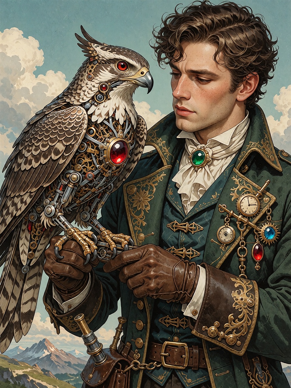 A charismatic young inventor wearing a tailored forest-green coat with intricate bronze clasps and embroidered cuffs,  hol...