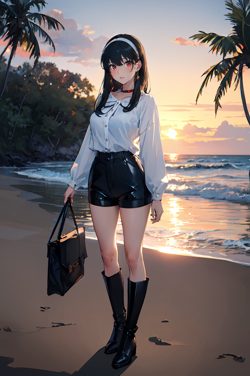 best quality,masterpiece,highres,anime_style,1girl,solo,full body,looking at viewer,standing,<lora:lora-000009.by_tusi:0.8>,YorBriar_CYQL,black hair,long hair,bangs,white hair band,jewelry,gold earrings,red eyes,large breasts,Blouse, leather shorts, ankle boots,Palm trees, White sand, Turquoise water, Hammocks, Tiki torches, Sunset hues,