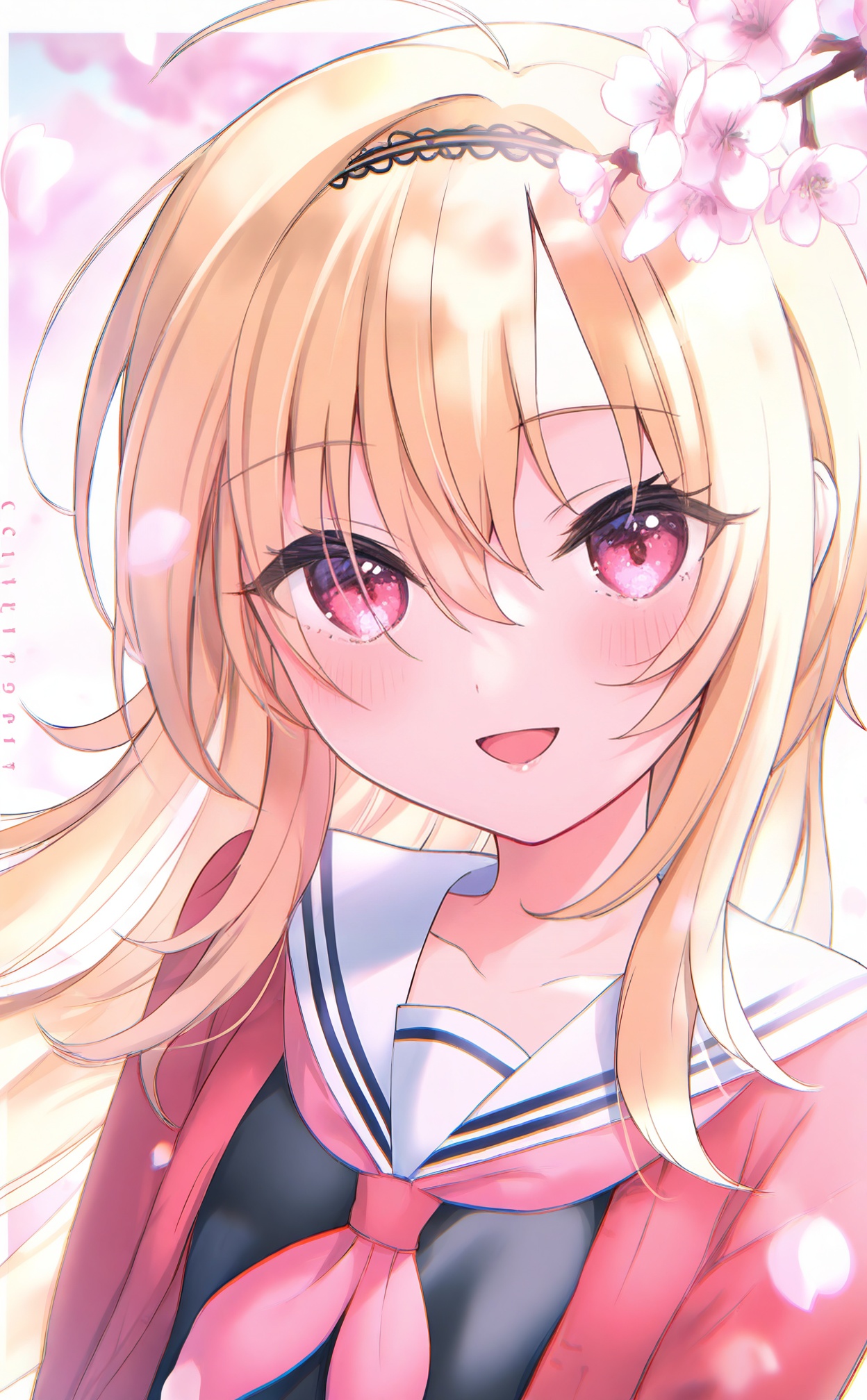 masterpiece,highres,absurdres,newest,best quality,loli,petite,high quality,chromatic_aberration,shiny_skin,//,1girl, red_cardigan, blonde_hair, solo, long_hair, school_uniform, cherry_blossoms, smile, upper_body, hairband, looking_at_viewer, neckerchief, open_mouth, sailor_collar, cardigan, serafuku, hair_between_eyes, collarbone, open_cardigan, flower, blush, open_clothes, petals, red_neckerchief, pink_eyes, blurry, long_sleeves, shirt, ahoge, white_sailor_collar, floating_hair, black_hairband, character_name, very_long_hair, black_shirt, :d, red_eyes, pink_neckerchief, border, dated//,<lora:nekoyashiki_pushio——【noob】hans:1>,