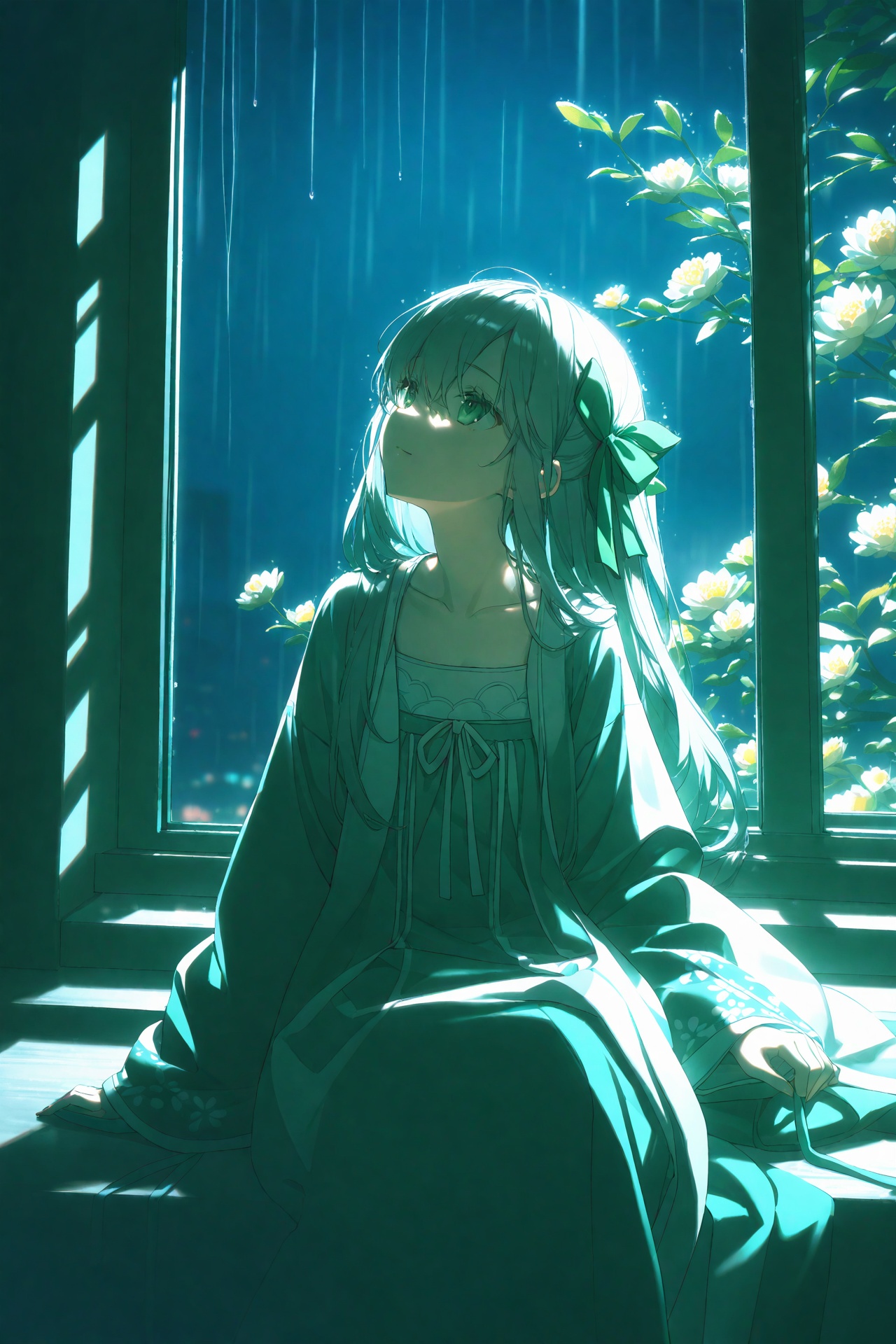 masterpiece,best quality,illustration,ultra detailed,hdr,Depth of field,(colorful),hanfu,1girl,loli,solo,green eyes,chinese clothes,rain,flower,window,night,wide sleeves,ribbon,long sleeves,grey hair,long hair,hair ribbon,indoors,branch,collarbone,looking up,holding,sitting,closed mouth,