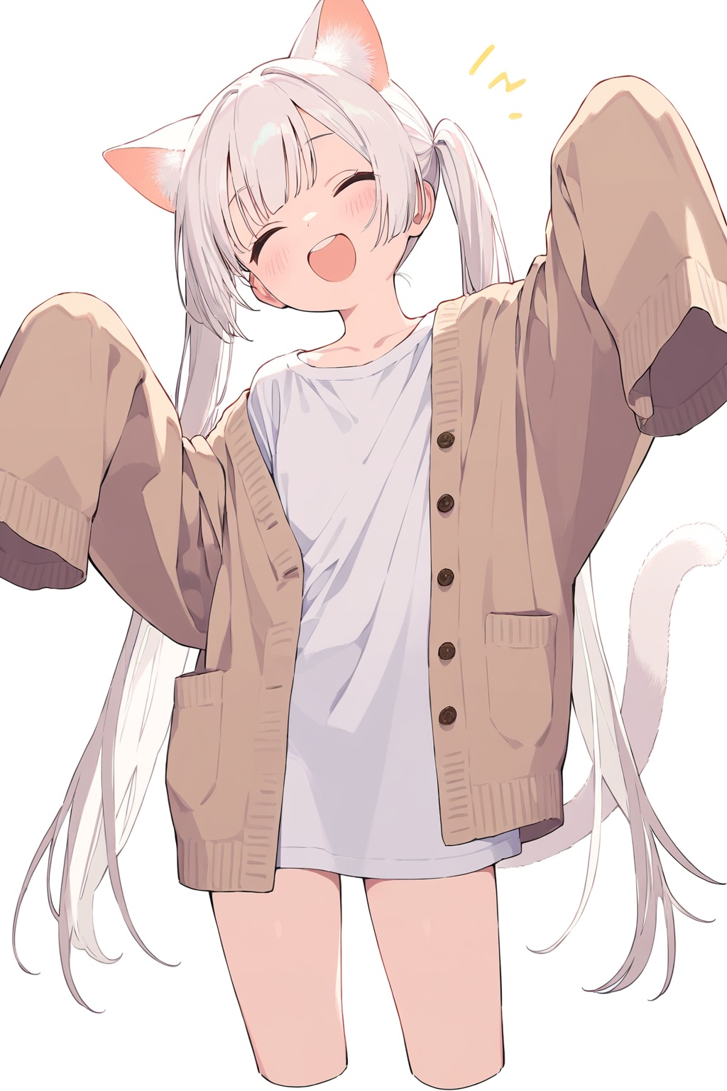 (masterpiece),(best quality),1girl,solo,catgirl,cat ears,cat tail,white hair,twintails,blush,smile,shirt,white shirt,long shirt,^ ^,brown cardigan,cardigan,closed eyes,collarbone,cropped legs,long sleeves,sleeves past fingers,sleeves past wrists,upper teeth only,teeth,white background,<lora:蓝色苏醒:0.7>,