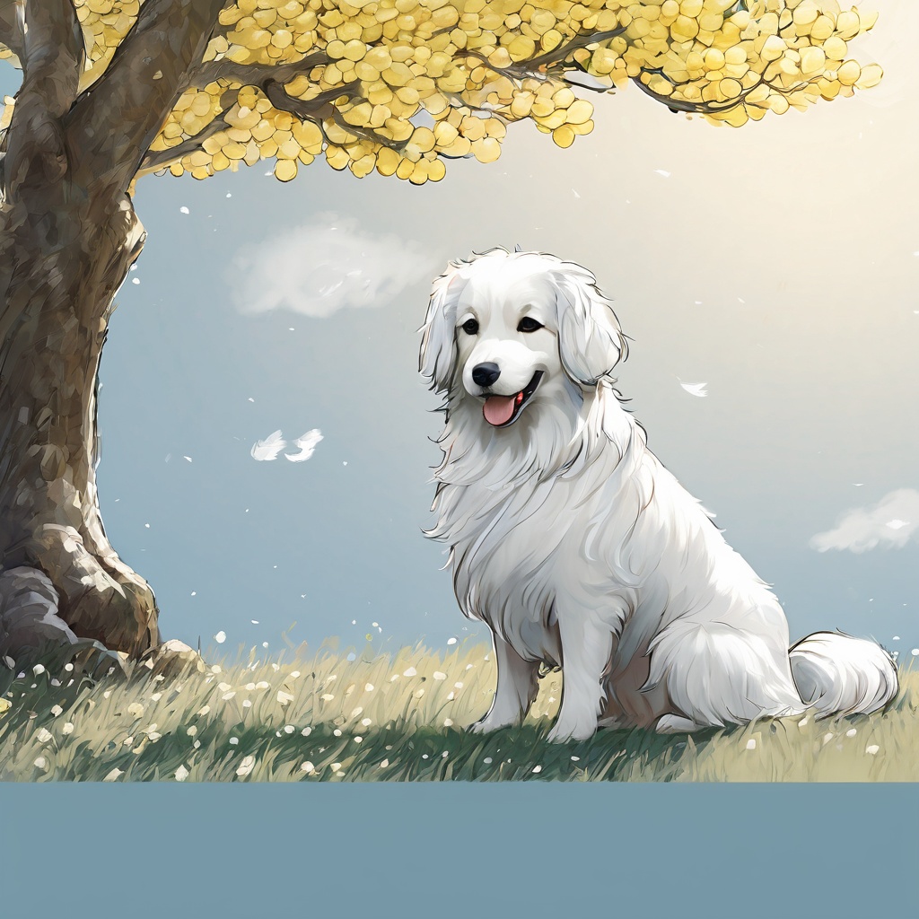 gufengstyle,masterpiece, Puppy, Young and young, Lovely, In the middle of the picture, Mid-range, Outdoor, Light blue sky, Clouds, Garden, White chrysanthemum, Big tree, Collar, Furry, Twelve signs of the Chinese zodiac, Corky Dog, HDR, Hairy pets, textured skin, super detail, best quality<lora:gufengstyleSDXL-000016:1>